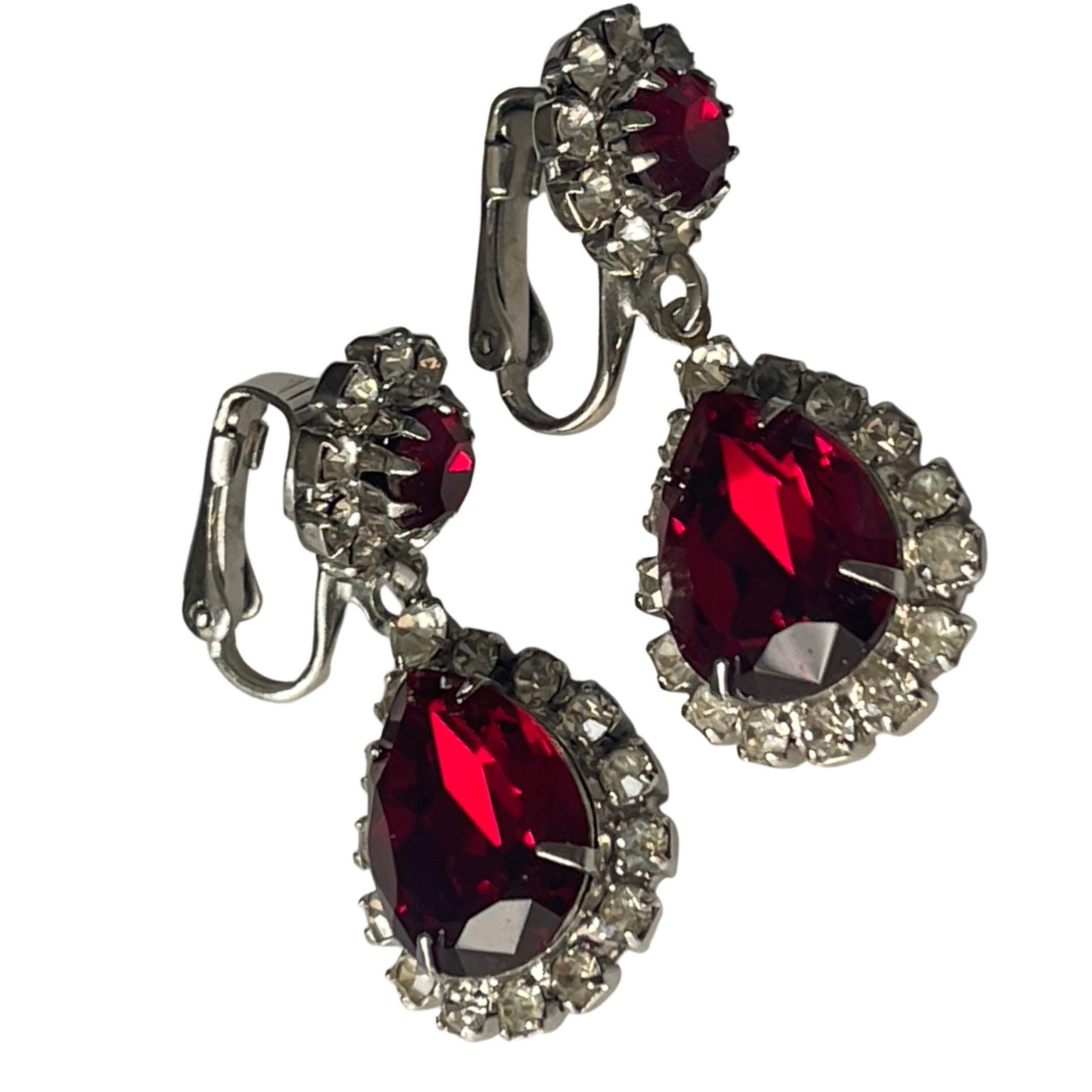 Women's Designer Kramer Ruby Red Paddle Back Rhinestone Earrings Circa. 1955s -1960 For Sale