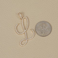 Designer L Initial Solid 14k Yellow Gold Genuine H/Si White Diamond Gift Pendant