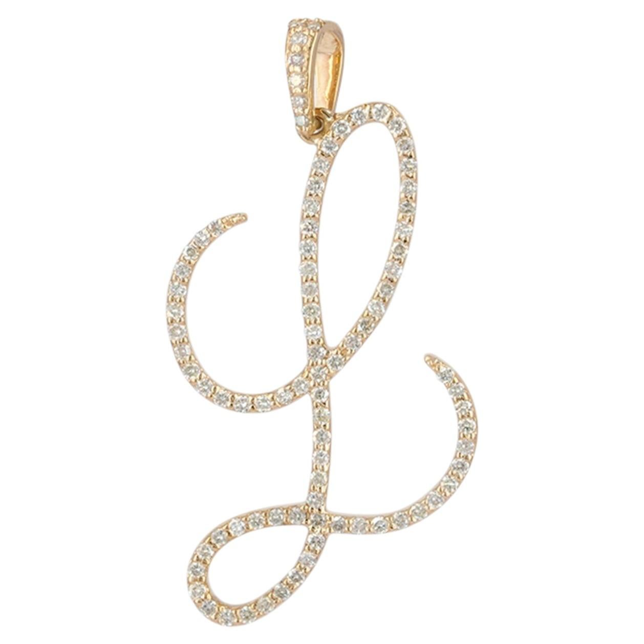 Designer L Initial Solid 14k Yellow Gold Genuine H/Si White Diamond Gift Pendant