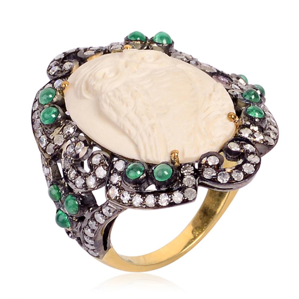 Designer Lava Cameo Owl Ring with Diamonds and Emeralds in silver and gold is handmade and one of a kind.

18kt gold: 1.53gms
Diamond: 1.05cts
Silver: 4.6gms
Emerald: 1.25cts
Cameo: 5.80cts
