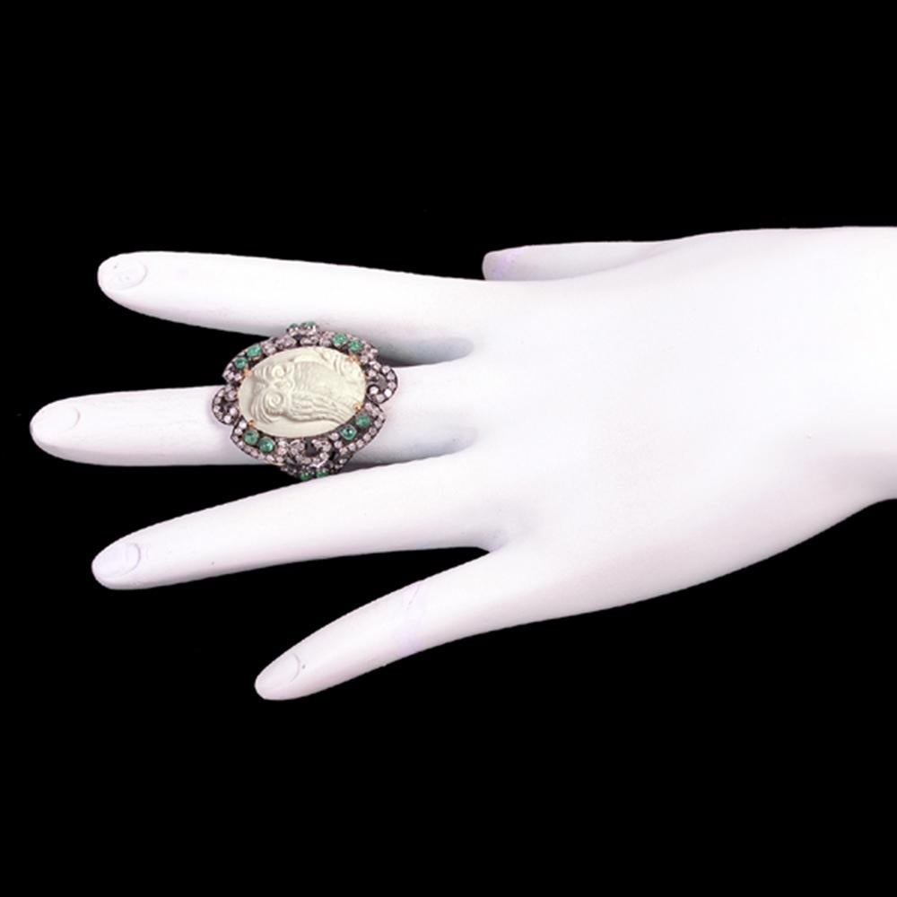 Modern Designer Lava Cameo Owl Ring with Diamonds and Emeralds in Silver and Gold For Sale