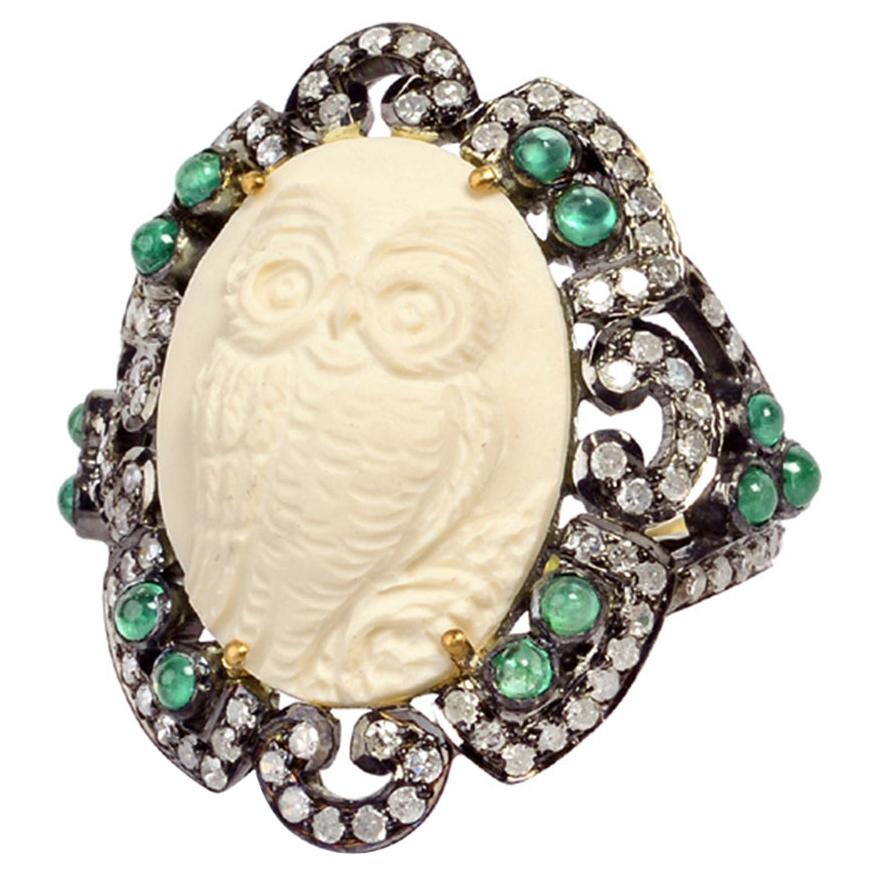 Designer Lava Cameo Owl Ring with Diamonds and Emeralds in Silver and Gold For Sale