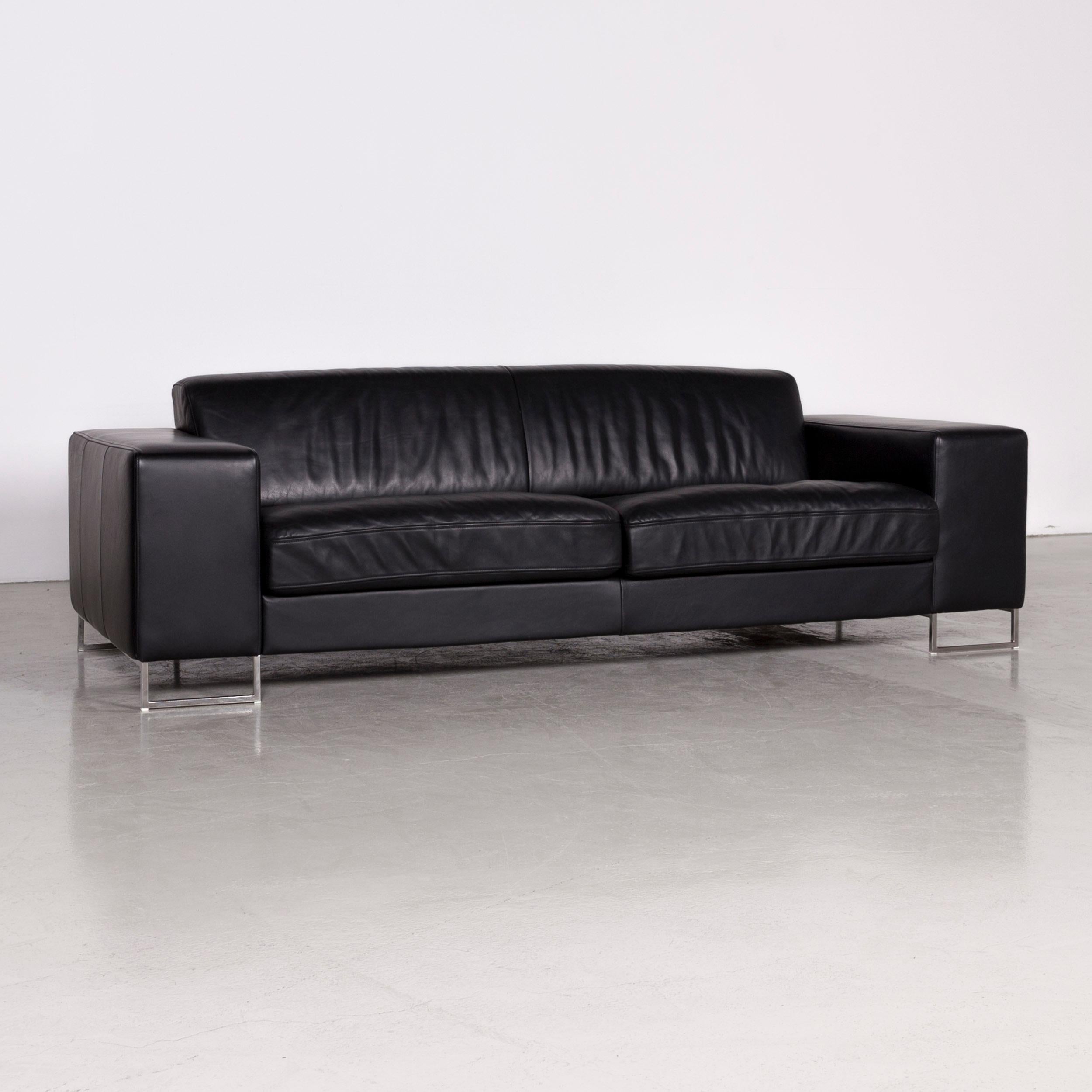 German Designer Leather Sofa Black Three-Seat Couch For Sale