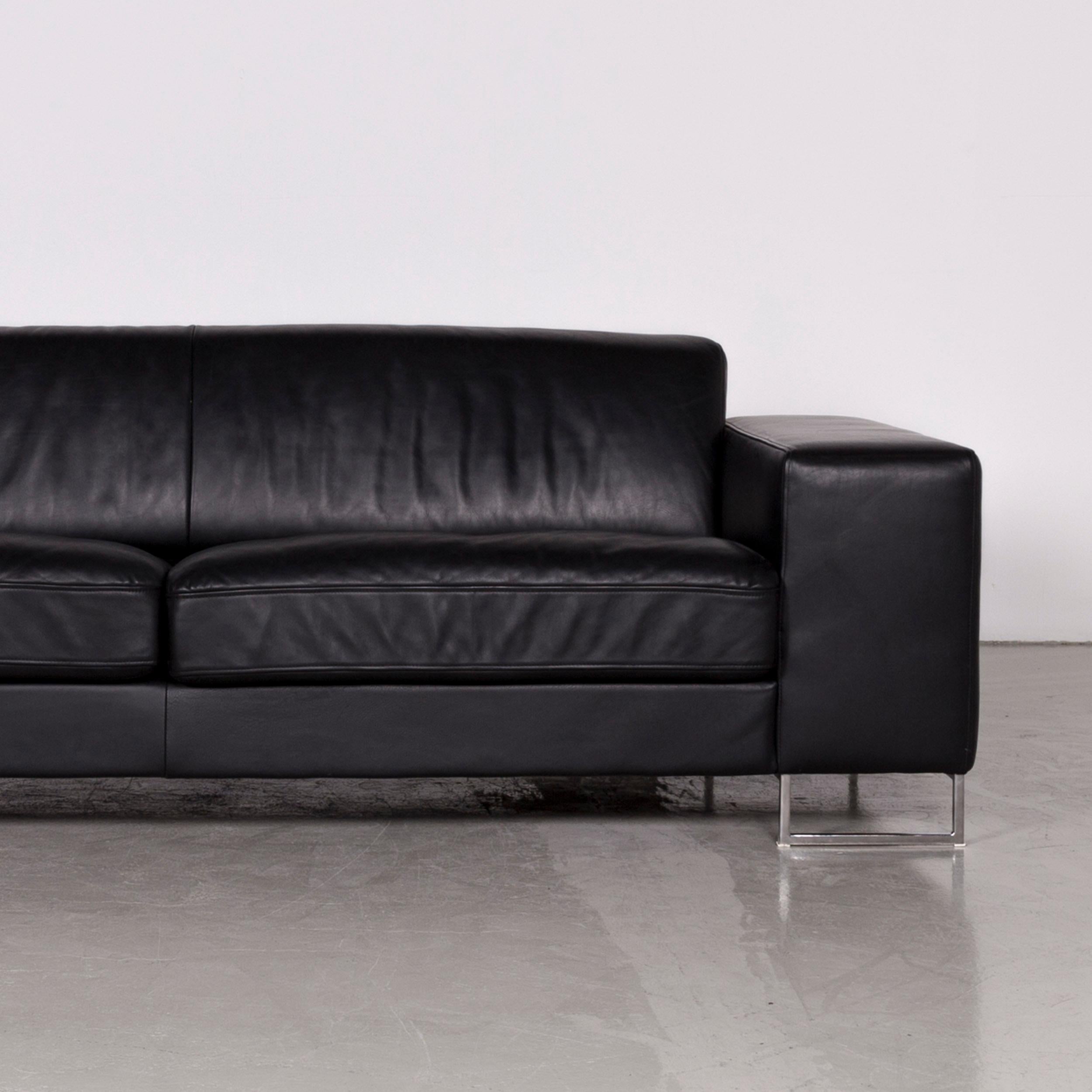 Contemporary Designer Leather Sofa Black Three-Seat Couch For Sale
