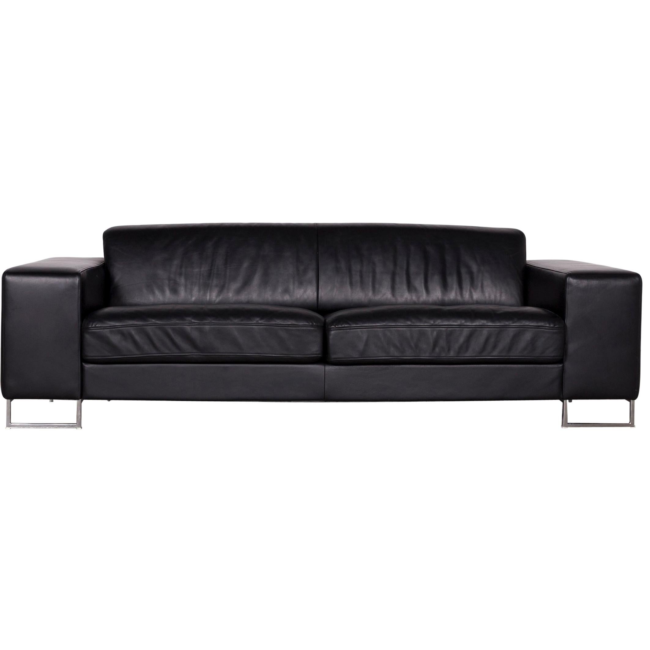 Designer Leather Sofa Black Three-Seat Couch For Sale