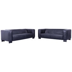 Used Designer Leather Sofa Set Black Three-Seat Couch