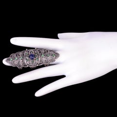 Designer Long Diamond, Blue Sapphire and Emerald Ring Set in 18K Gold and Silver