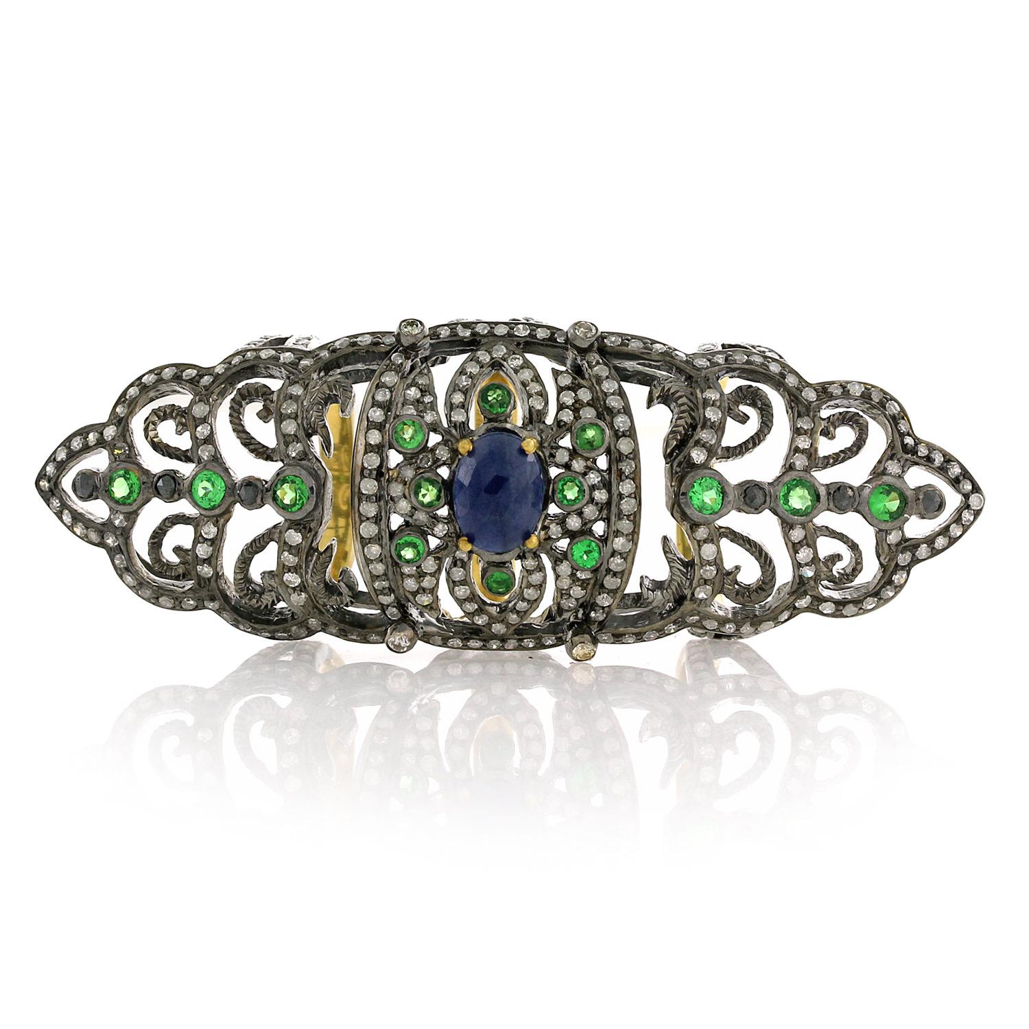 Modern Designer Long Diamond, Blue Sapphire and Emerald Ring Set in 18K Gold and Silver For Sale