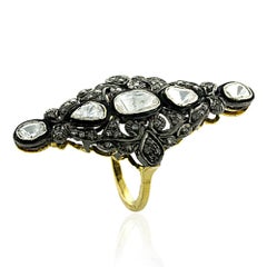 Designer Long Ring with Rose Cut Diamonds Made in Gold & Silver