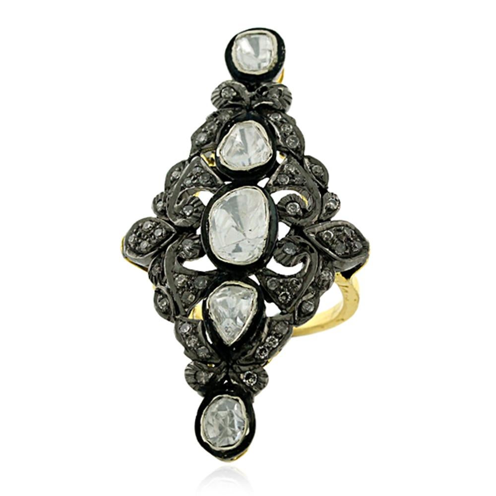 Designer Long Ring with Rose Cut Diamonds Made in Gold & Silver In New Condition For Sale In New York, NY