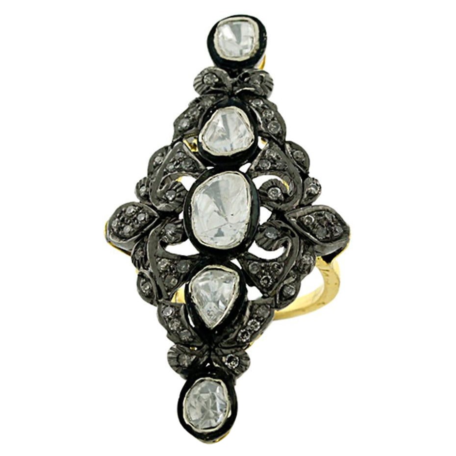 Bague longue de créateur avec diamants taille rose en or et argent