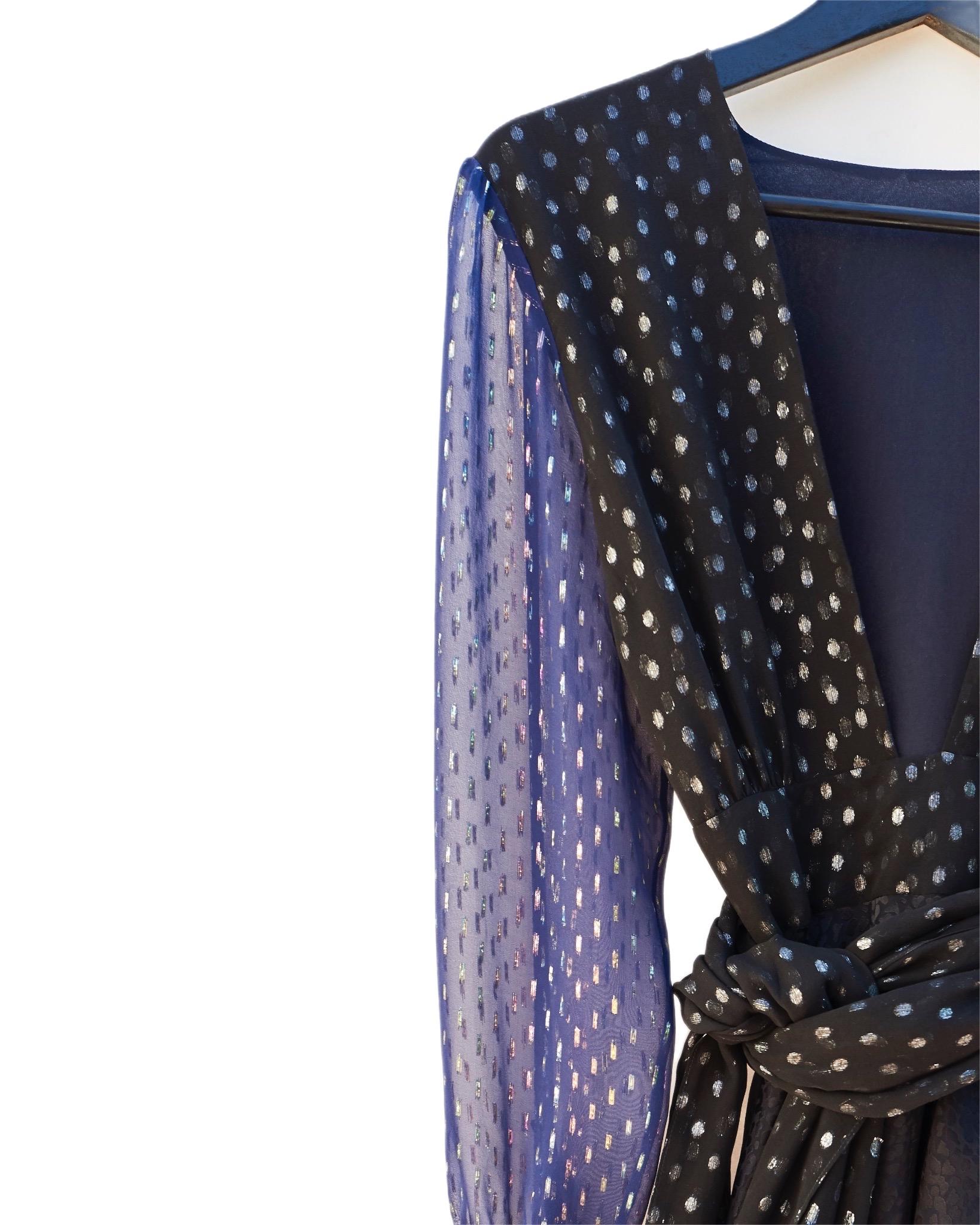 Women's Long Sleeve Printed Dress 100% Silk Patchwork Deep V Black Sheer See-through