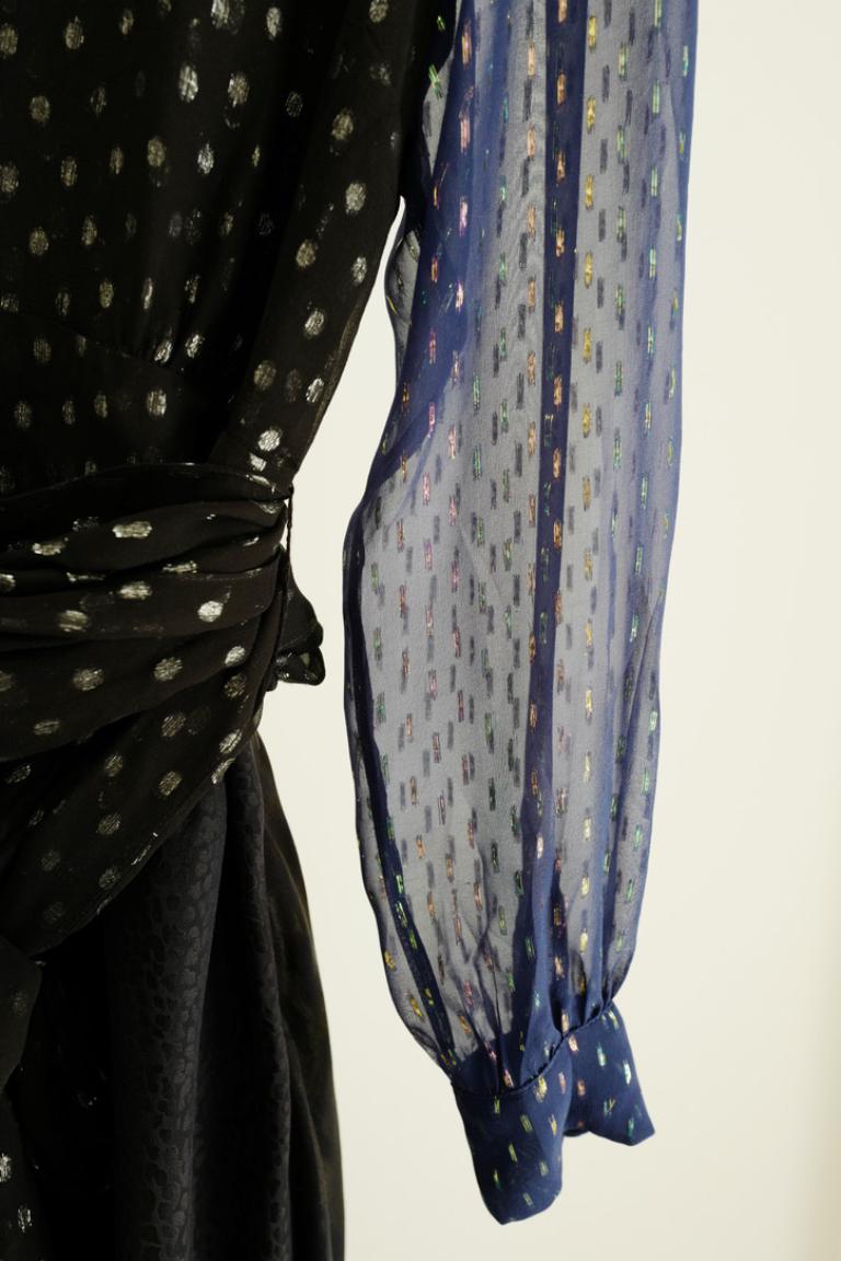 Long Sleeve Printed Dress 100% Silk Patchwork Deep V Black Sheer See-through 4