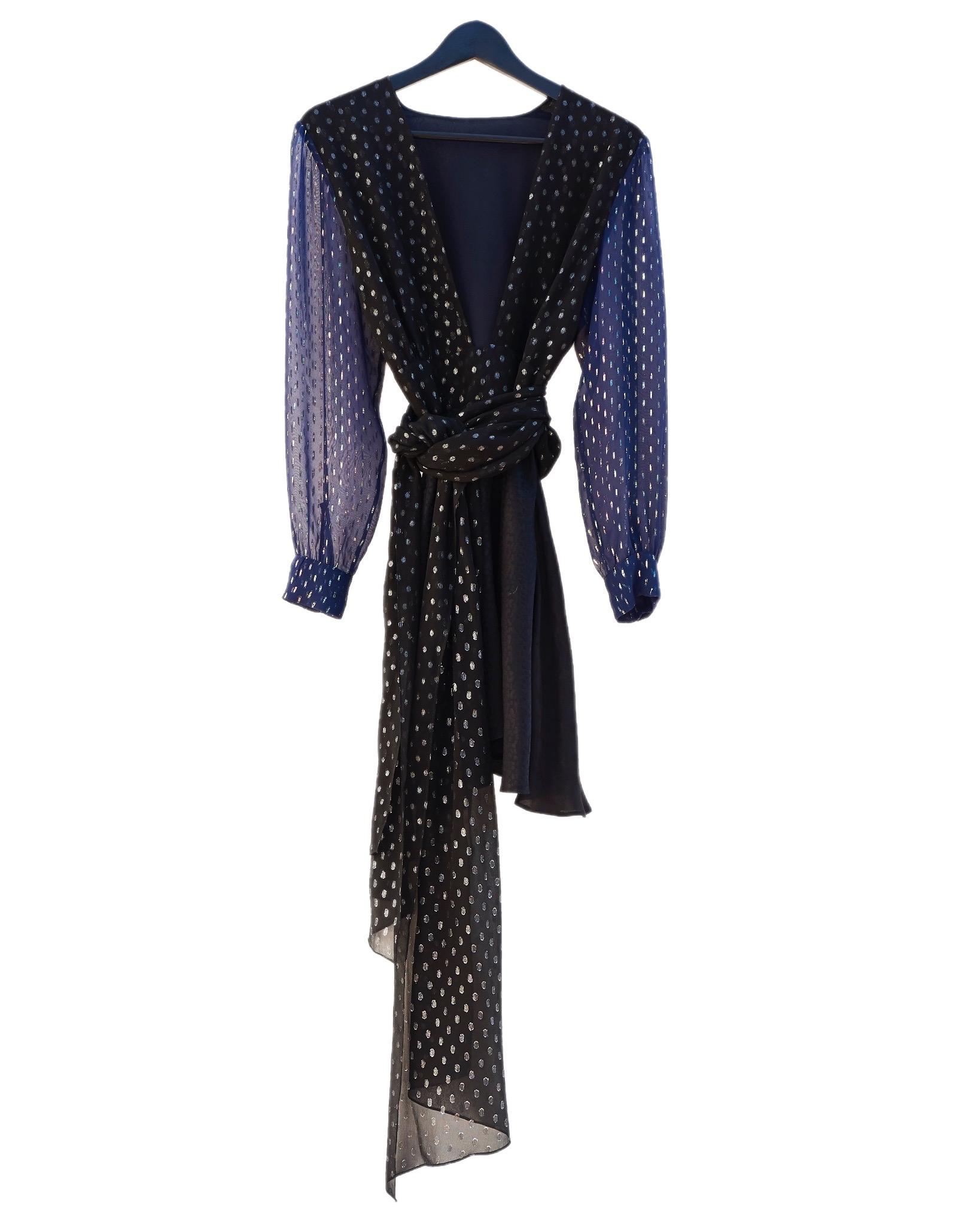 Long Sleeve Printed Dress 100% Silk Patchwork Deep V Black Sheer See-through 5