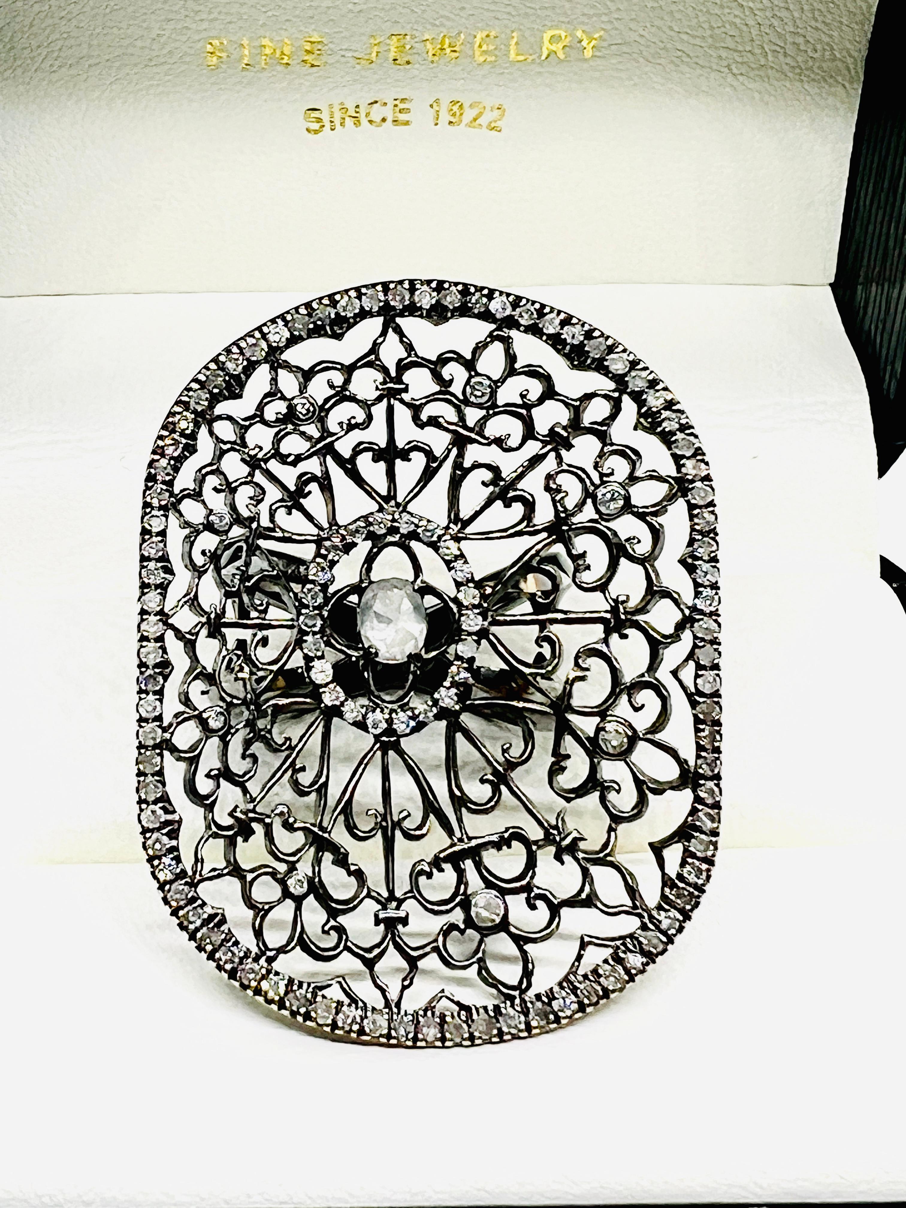 Baroque Designer Loree Rodkin 18K White Gold & Diamond Oval Spider Web Ring Size 7.25 For Sale