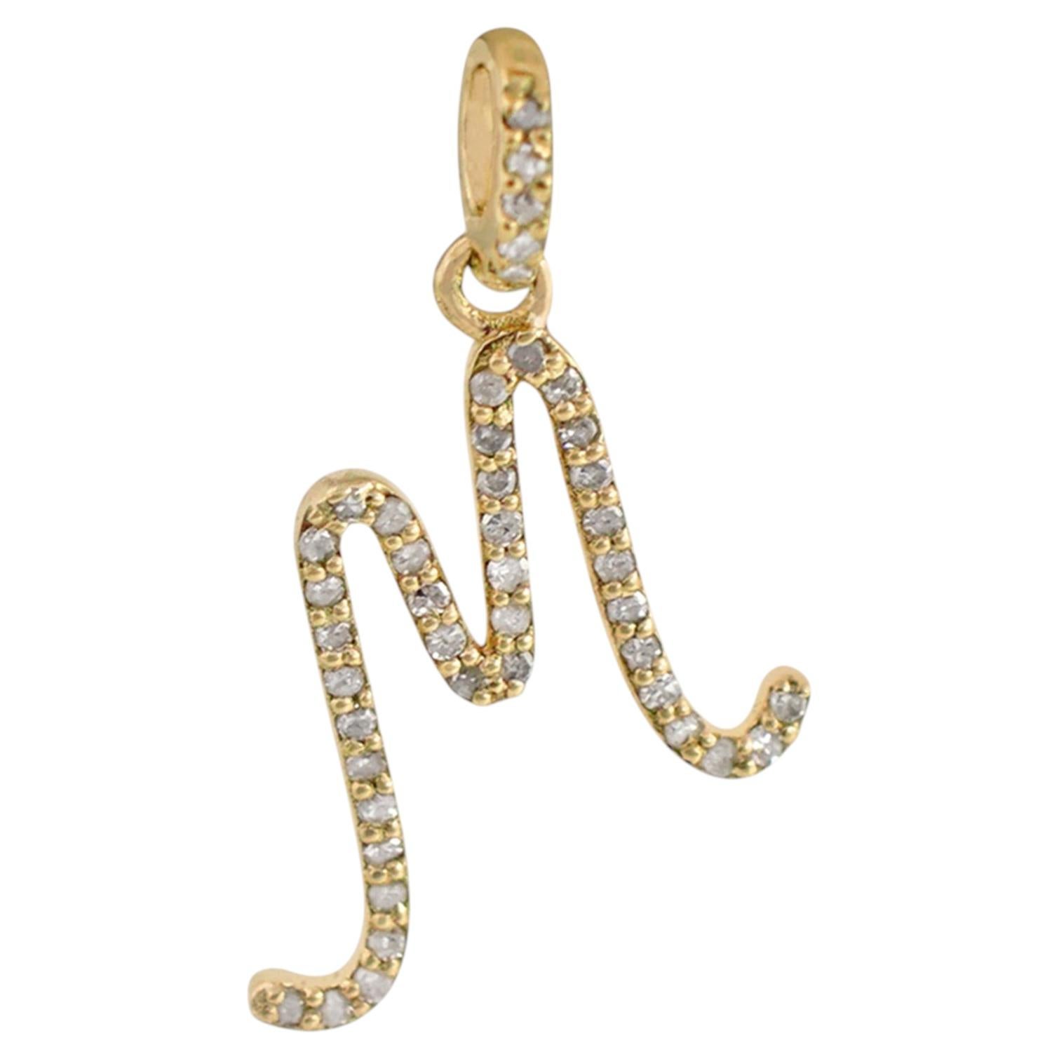 Designer M Initial Charm Solid 14k Yellow Gold Natural Diamond Pendant For Sale