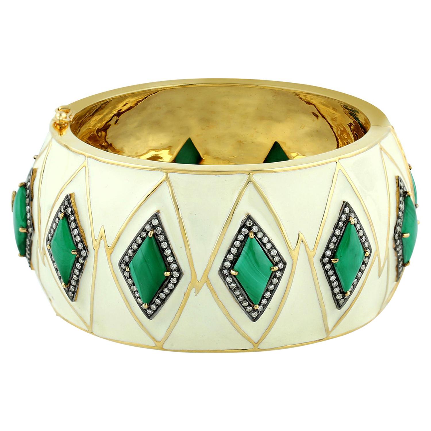 Designer Malachite Diamond Enamel Cuff Bangle in Gold and Silver