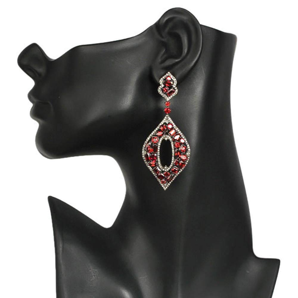 Modern Designer Marquee Mosaic Garnet and Diamond Dangle Earring in Silver and Gold For Sale