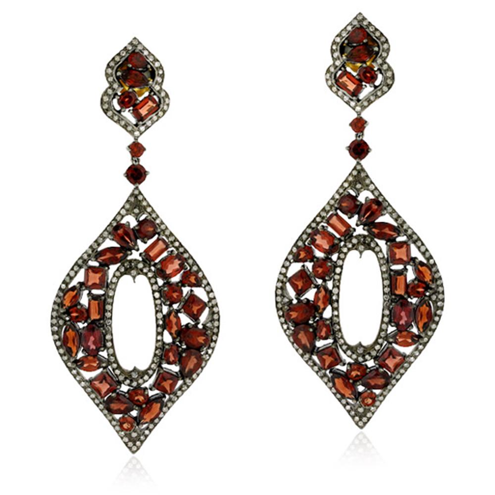 Mixed Cut Designer Marquee Mosaic Garnet and Diamond Dangle Earring in Silver and Gold For Sale