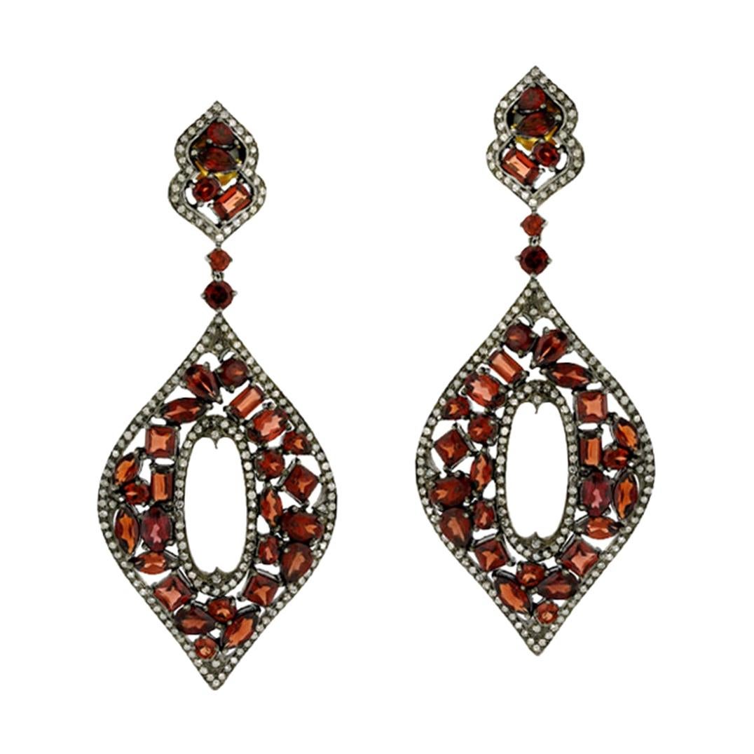 Designer Marquee Mosaic Garnet and Diamond Dangle Earring in Silver and Gold For Sale