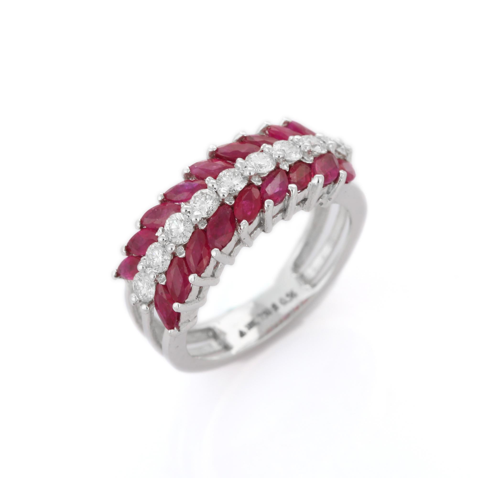 For Sale:  Designer Marquise Ruby and Diamond Leaf Wedding Band Ring in 18K White Gold 5