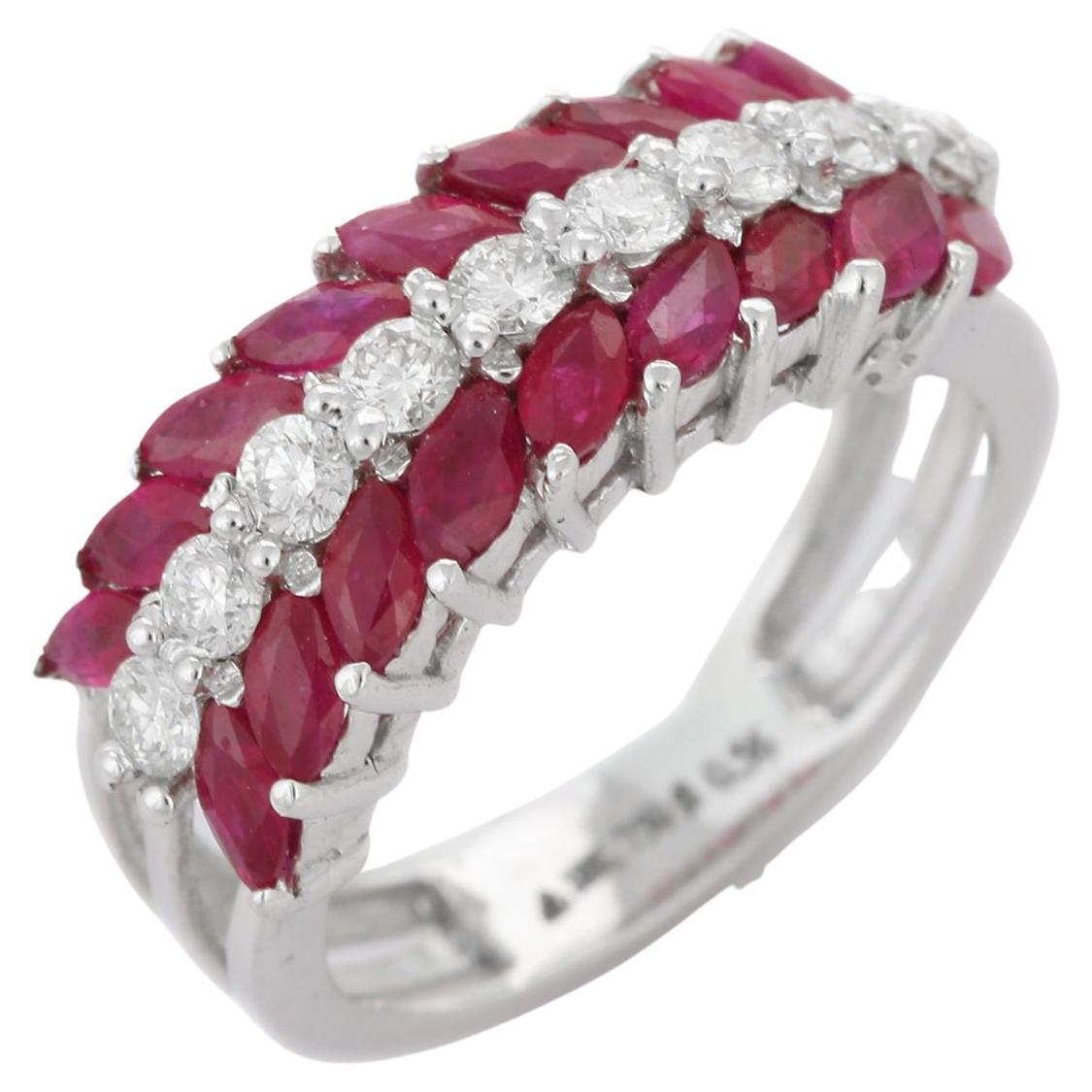 For Sale:  Designer Marquise Ruby and Diamond Leaf Wedding Band Ring in 18K White Gold
