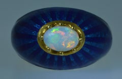 Designer Martine Green Opal and Midnight Blue Enamel Ring in 18 Karat Yellow