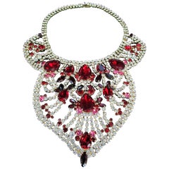 Vintage Designer Massive Red Pink and White Ice Rhinestone Necklace by Dominique