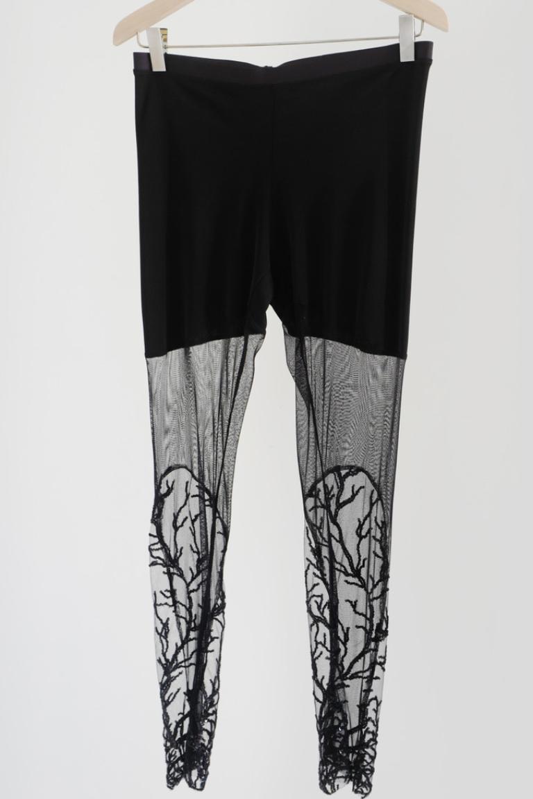 Transparent Leggings Sheer See-through Black Mesh Embroidery
