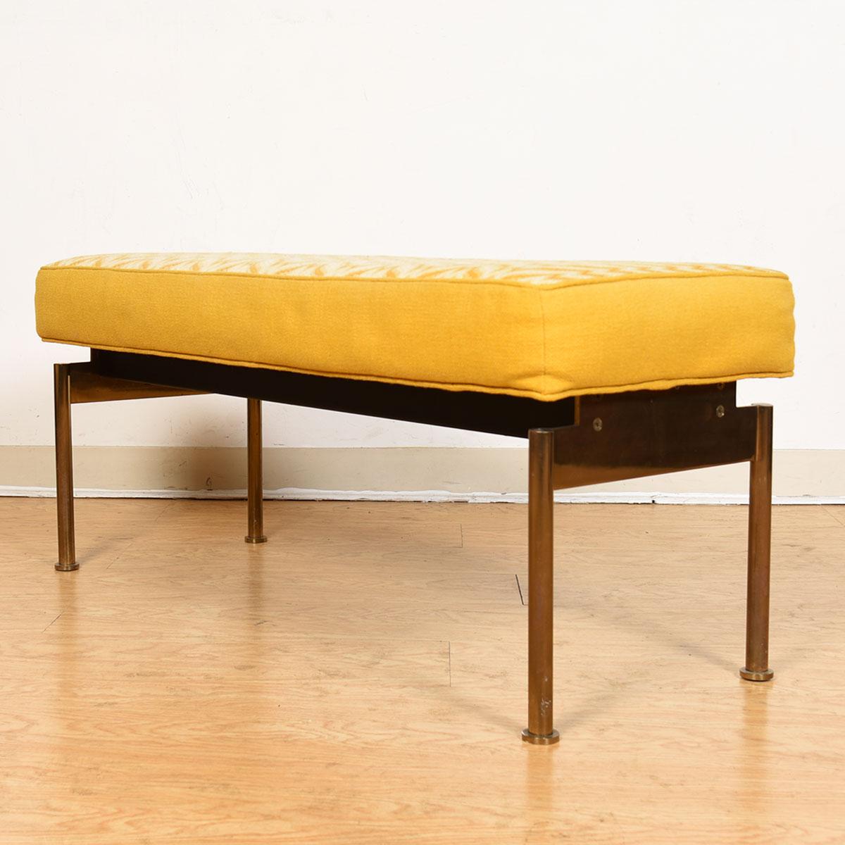 Designer midcentury Brass Bench Upholstered in a Bargello Handmade Cushion

Additional information:
Material: Brass, Upholstery
The brass frame accents the custom handmade white-and-yellow Bargello cushion. A wonderful pop of color on this