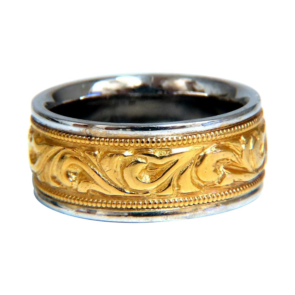 Designer Millan Graver Etched Gilt Two Toned Milligree 14kt Gold Band For Sale