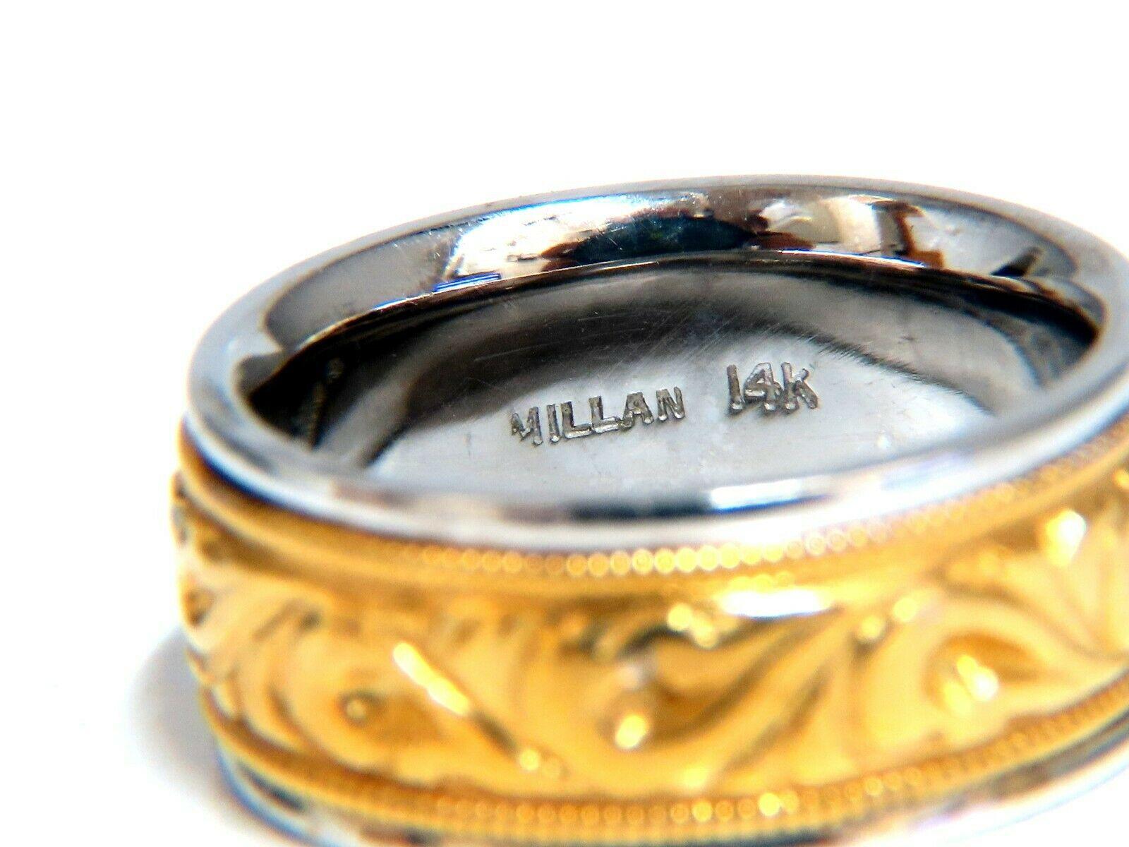 Hand Graved Gilt Etch Flat Band.

Durable Built.

14kt gold.

8 Grams

Overall ring: 3.1mm diameter

Depth: 8mm

Current ring size: 5

May professionally resize, please inquire.