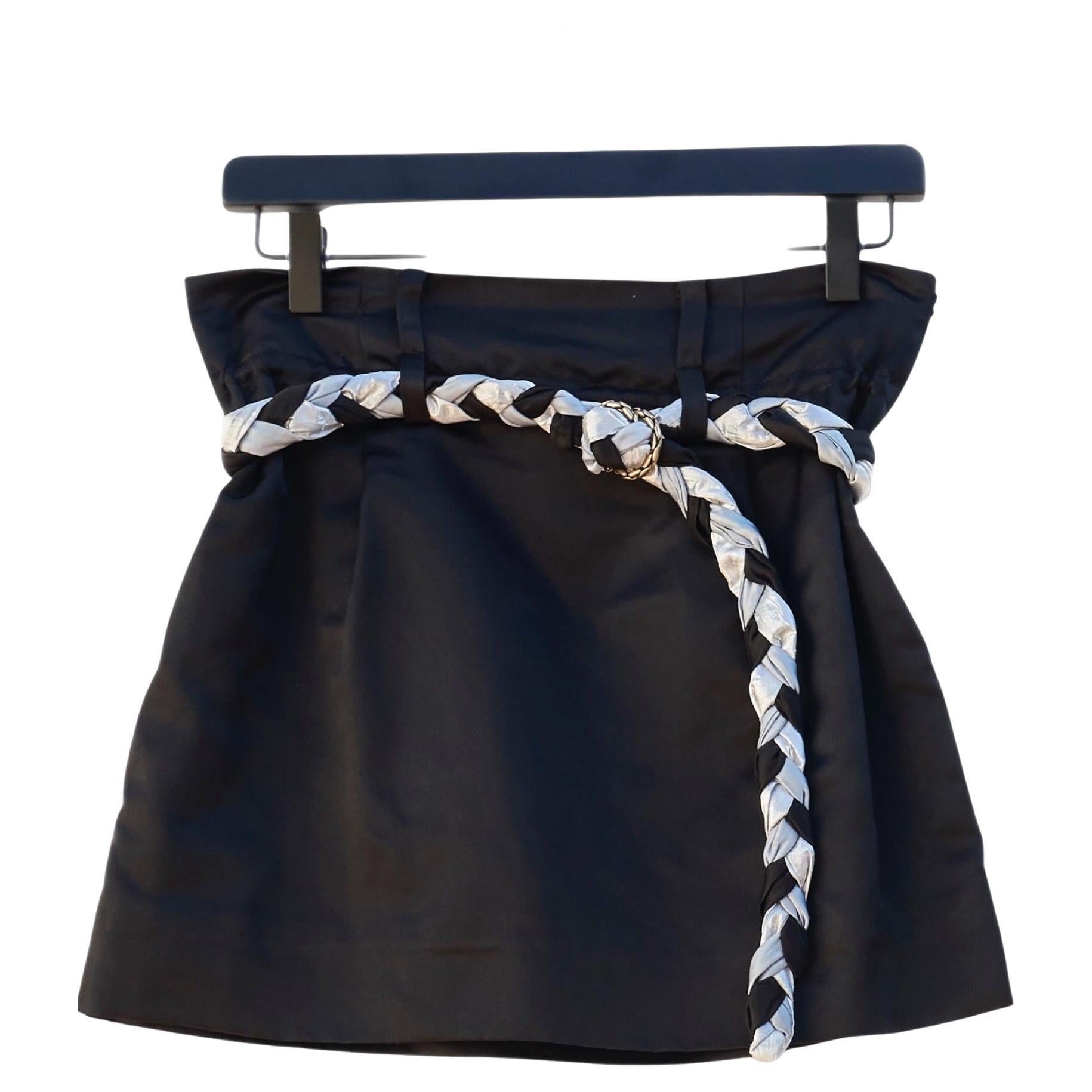 Mini Skirt Black Duchesse Satin Silk Braided Belt X Small For Sale