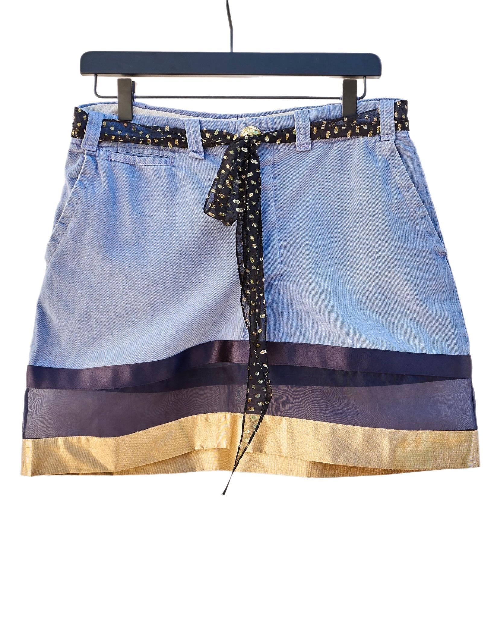 Mini Skirt Vintage Blue Work Wear Cotton Organza Transparent Gold Repurposed  In New Condition In Los Angeles, CA