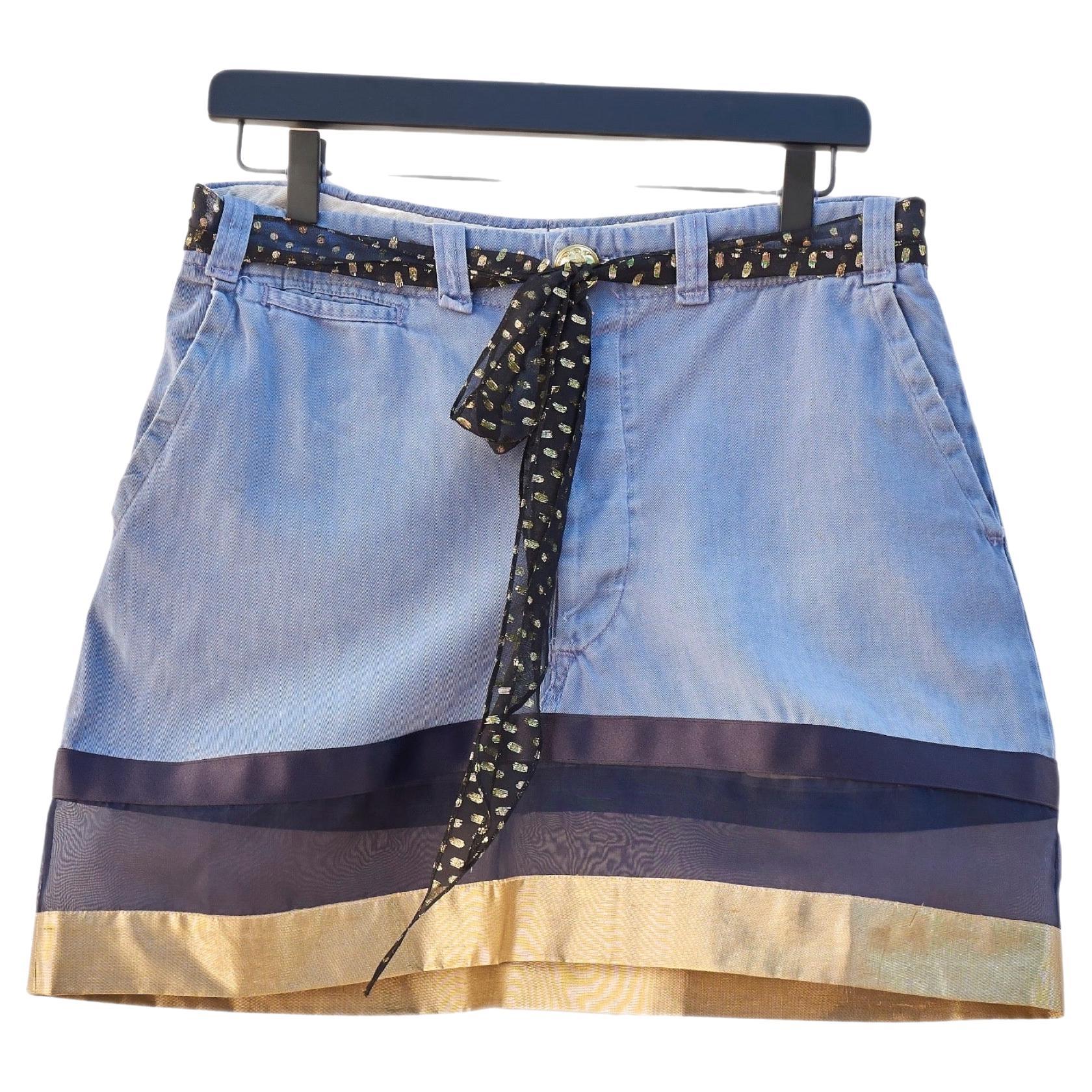 Mini Skirt Vintage Blue Work Wear Cotton Organza Transparent Gold Repurposed 