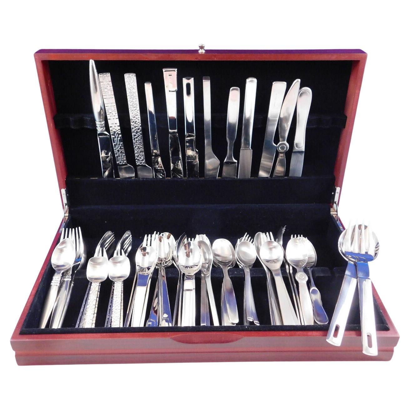 Designer Mixed Stainless Steel Flatware Set #1 Service 62 Pieces Modern Unused For Sale