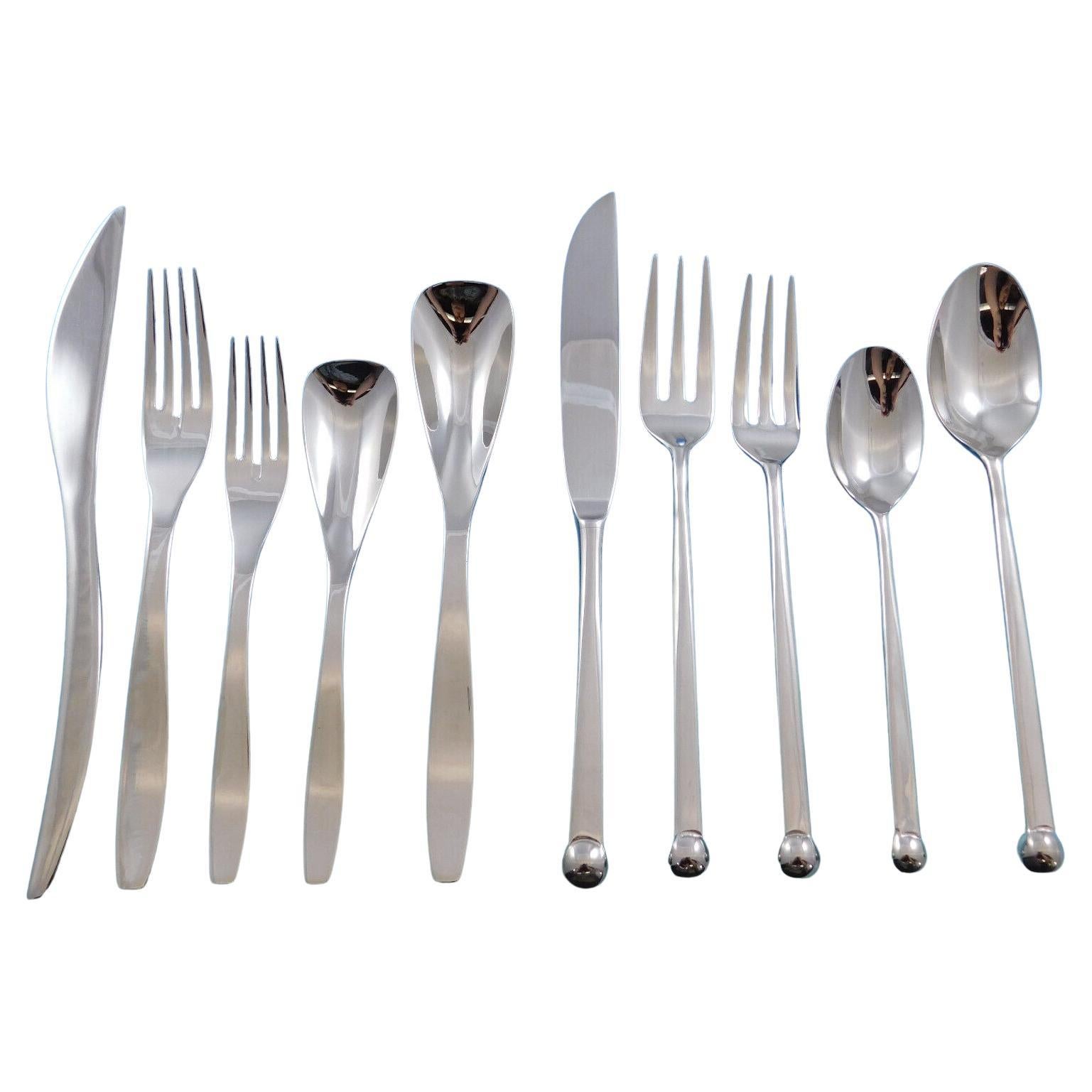 Designer Mixed Stainless Steel Flatware Set #4 Service 62 Pieces Modern Unused For Sale