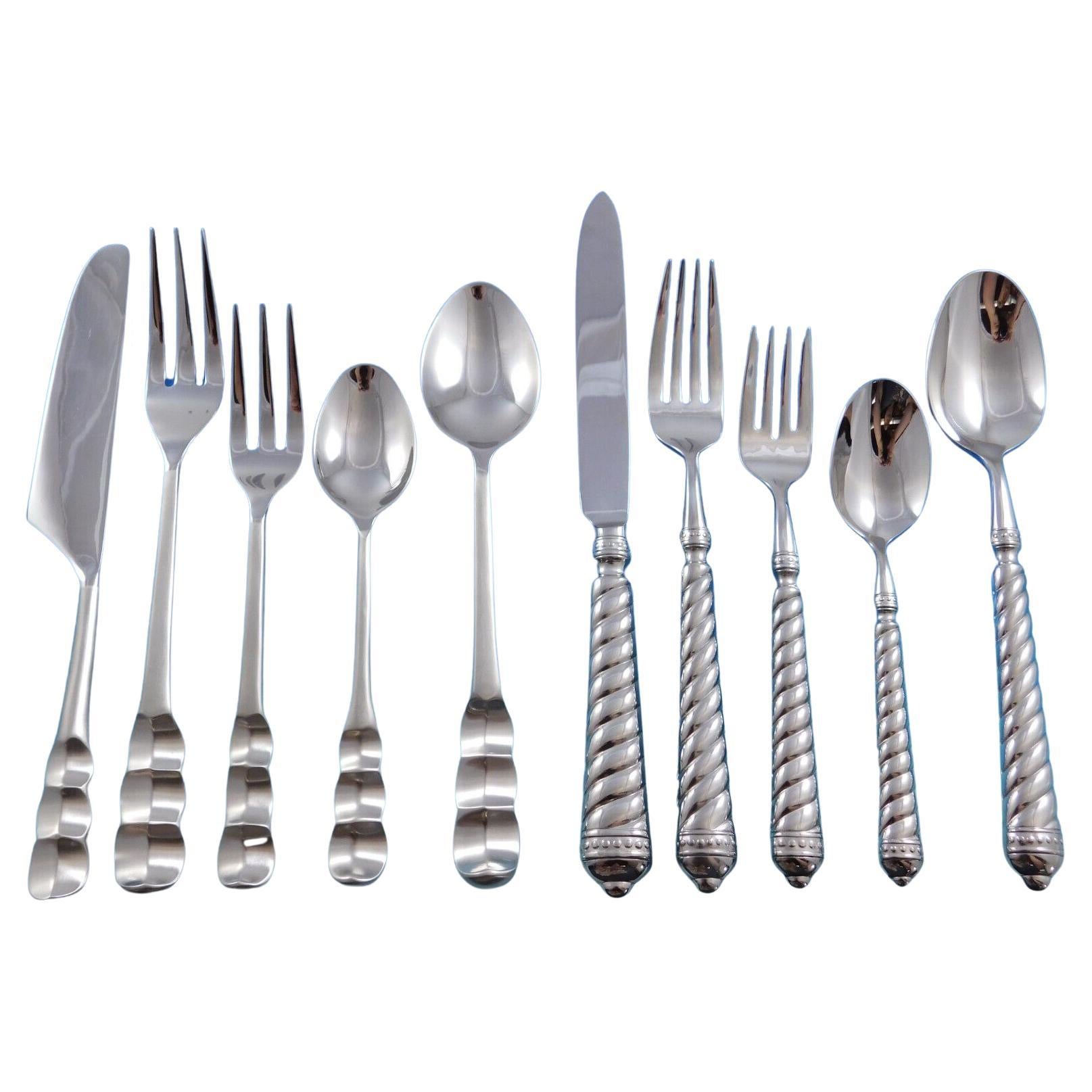 Designer Mixed Stainless Steel Flatware Set #5 Service 44 Pieces Modern Unused For Sale