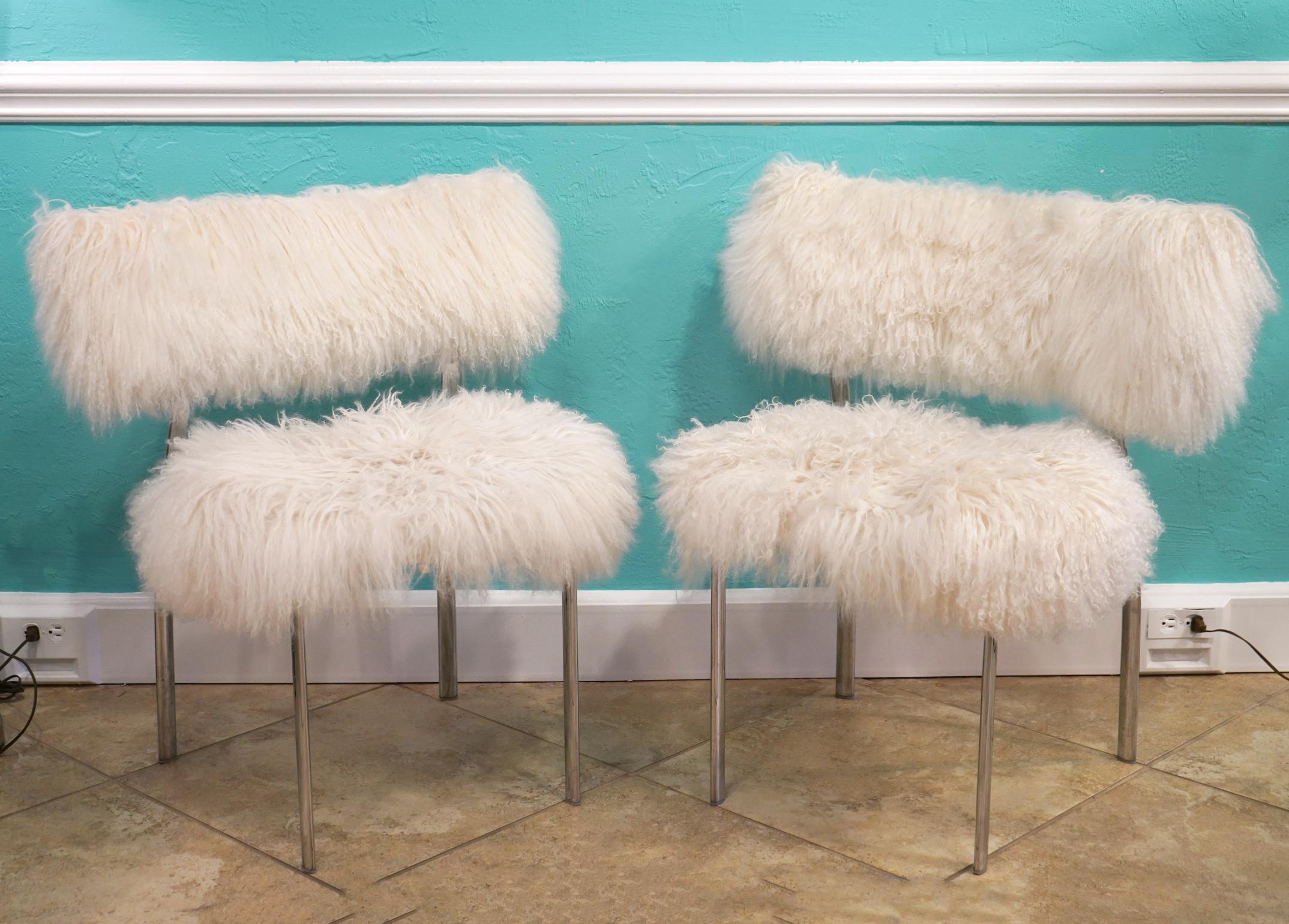 Modern Mongolian Fur and chrome dining or lounge chairs. We have a total of 10 available and we're selling them in pairs. Came from a fabulous 30 million dollar Miami Beach Estate.