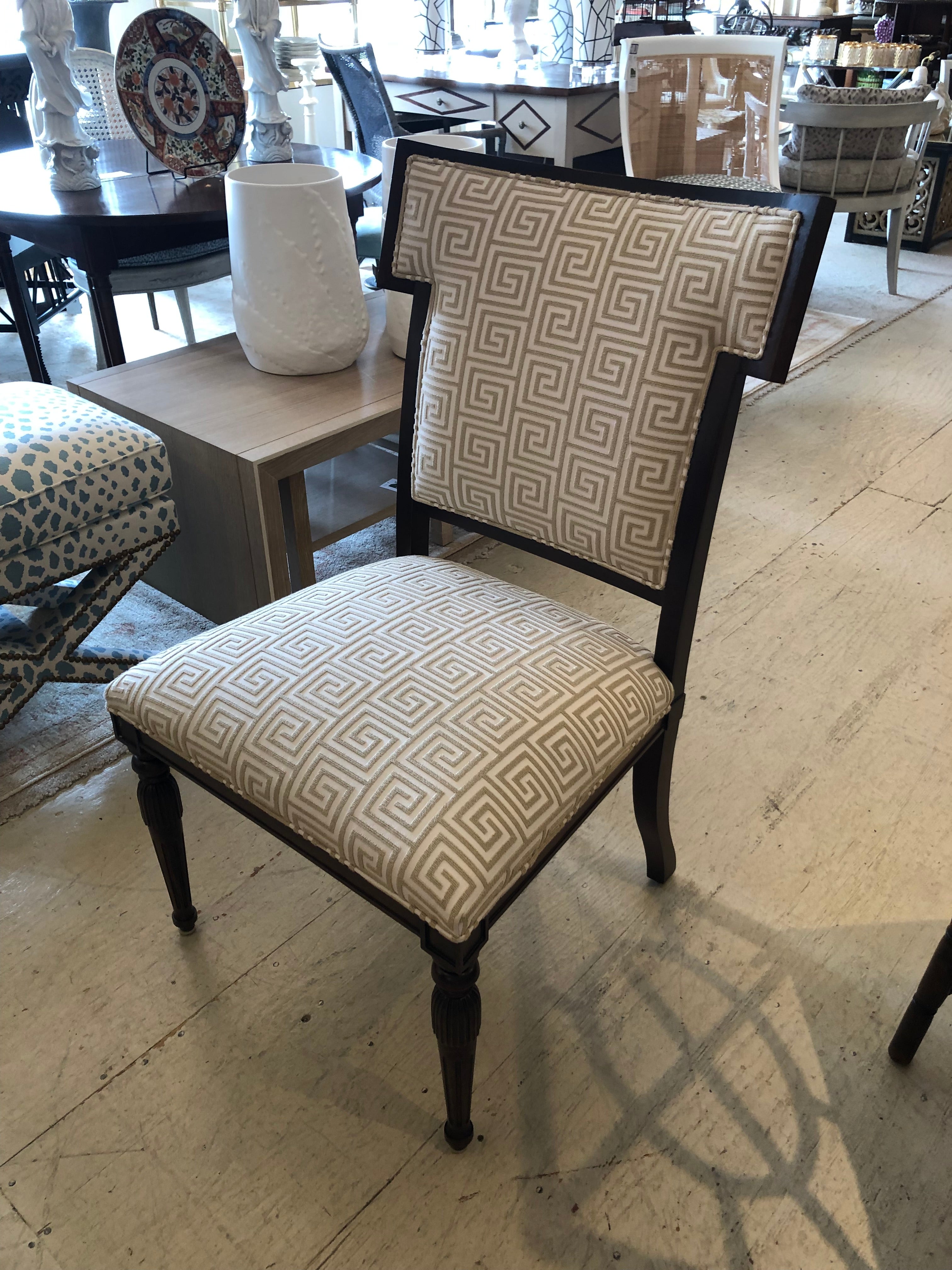 Stylish contemporary designer side or desk chair with a nod to the klismos design having superb plush cream and taupe Greek key upholstery. The design is raised and very luxurious. Very comfortable which makes it an ideal desk chair.