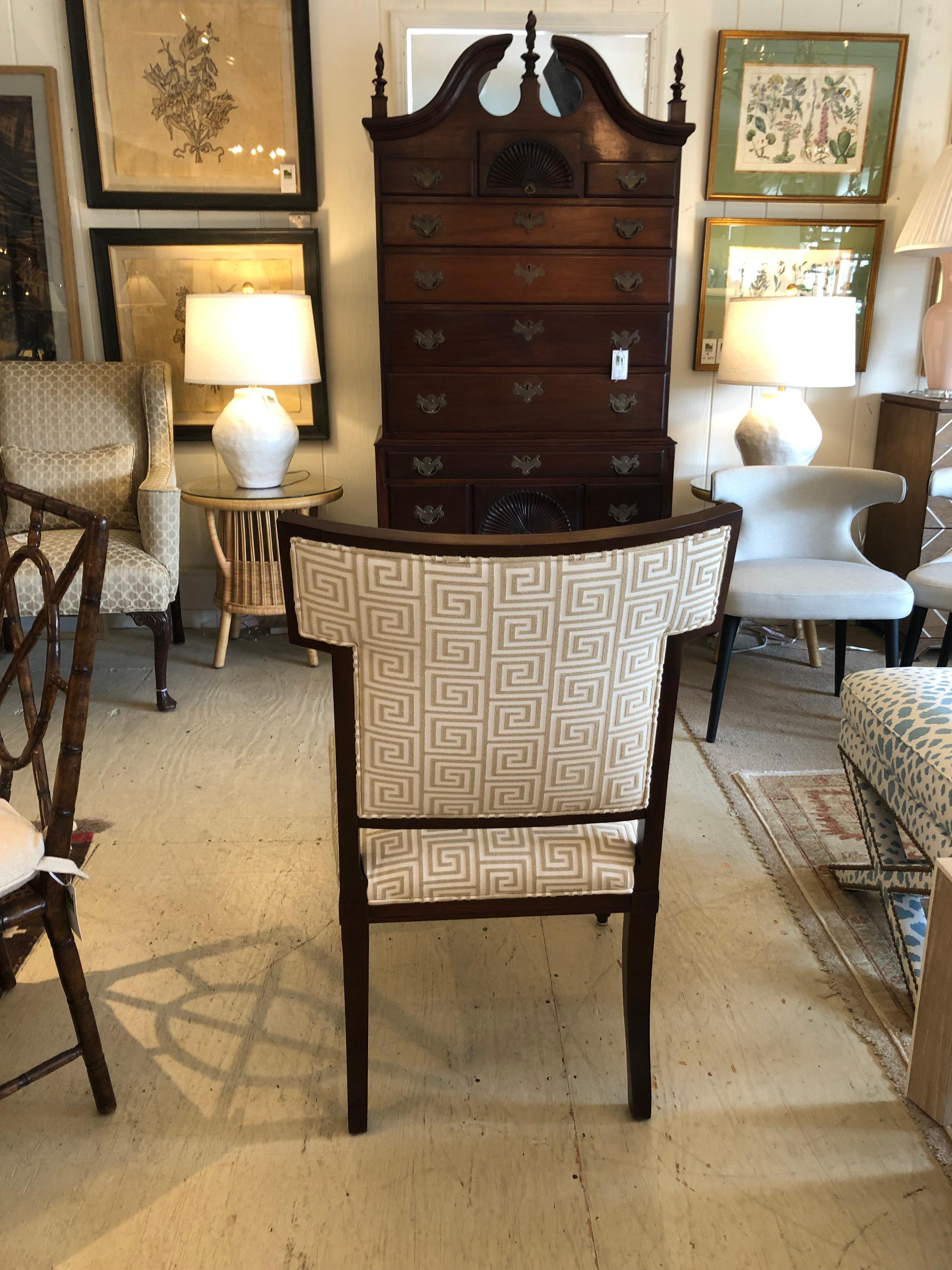 American Designer Modern Walnut and Greek Key Upholstered Side or Desk Chair For Sale