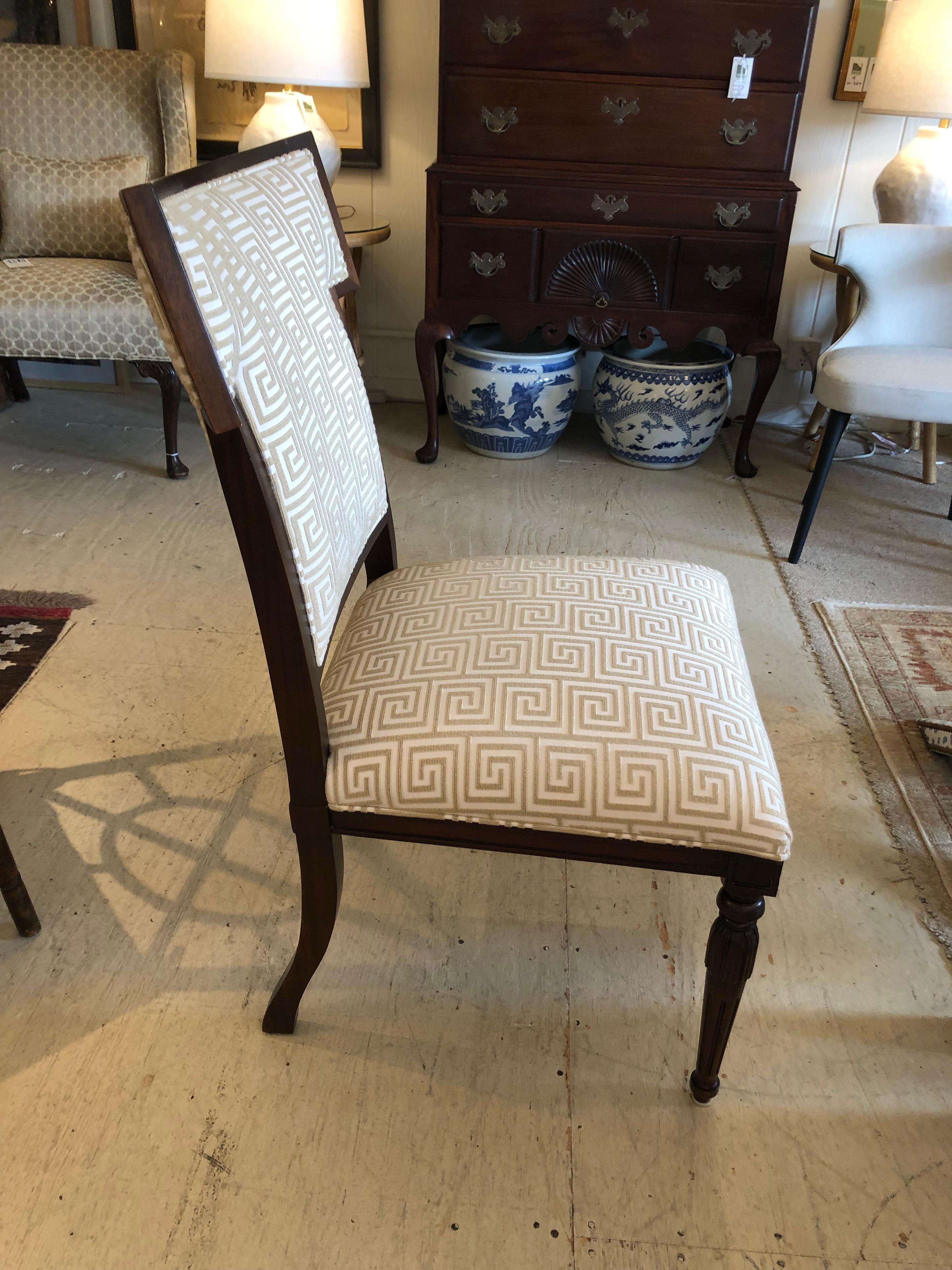 Contemporary Designer Modern Walnut and Greek Key Upholstered Side or Desk Chair For Sale