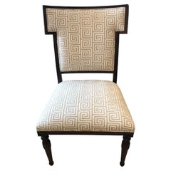 Designer Modern Walnut and Greek Key Upholstered Side or Desk Chair