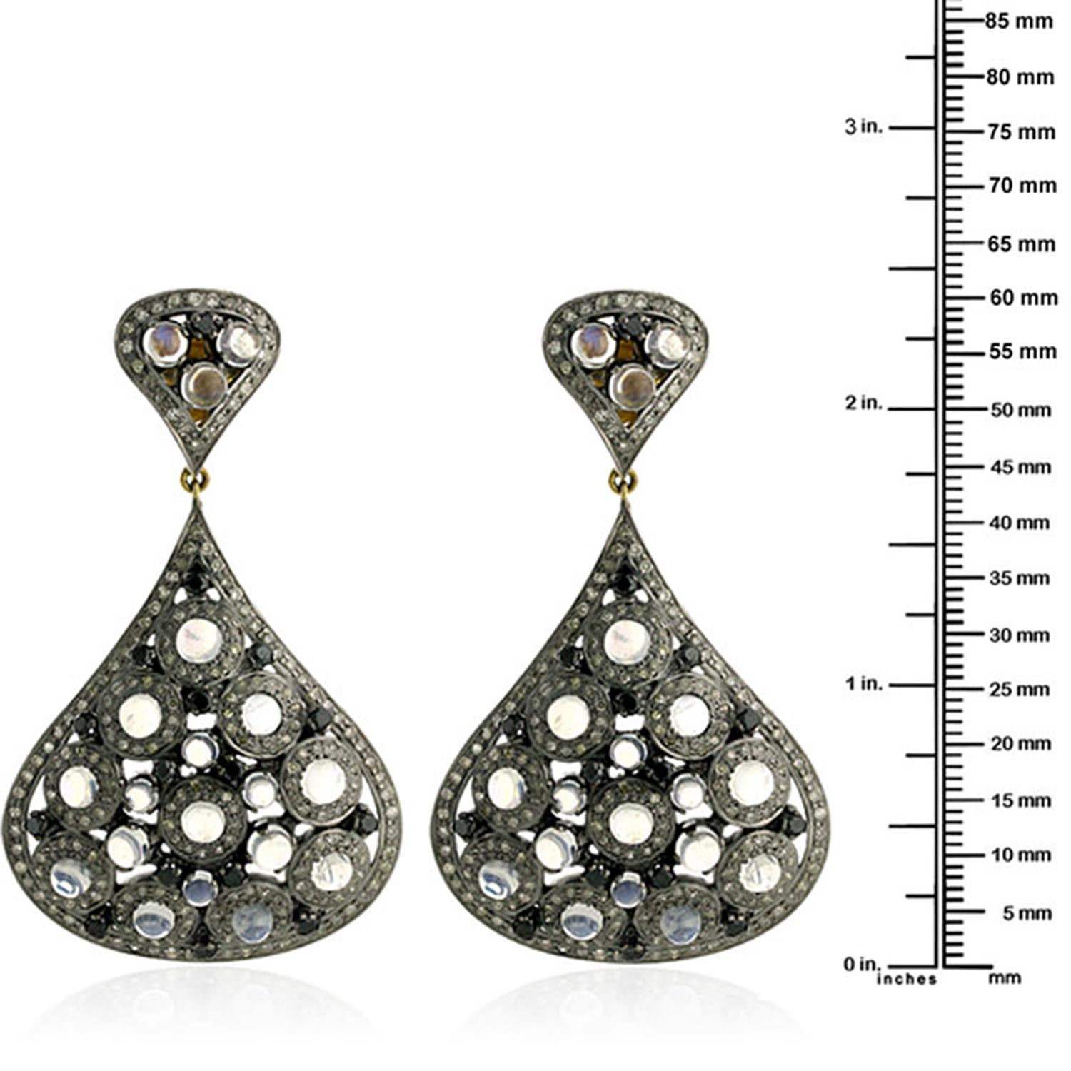 Modern Designer Moonstone and Diamond Earring Set in Gold and Silver For Sale