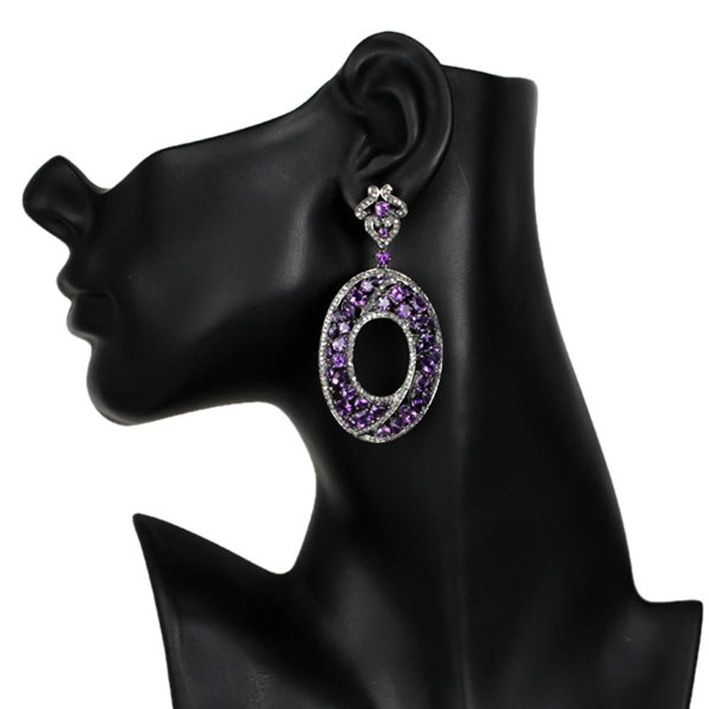 Modern Designer Mosaic Style Amethyst and Diamond Dangle Earring in Silver and Gold For Sale
