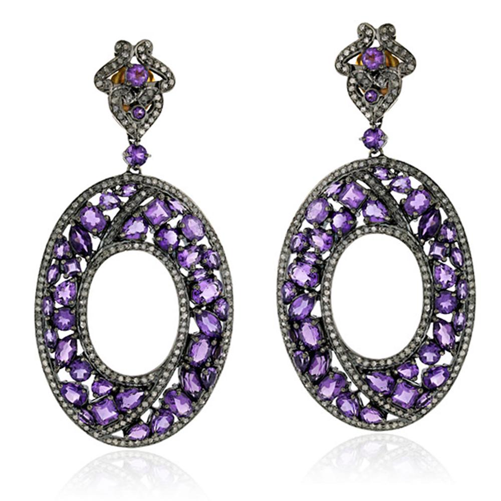 Mixed Cut Designer Mosaic Style Amethyst and Diamond Dangle Earring in Silver and Gold For Sale