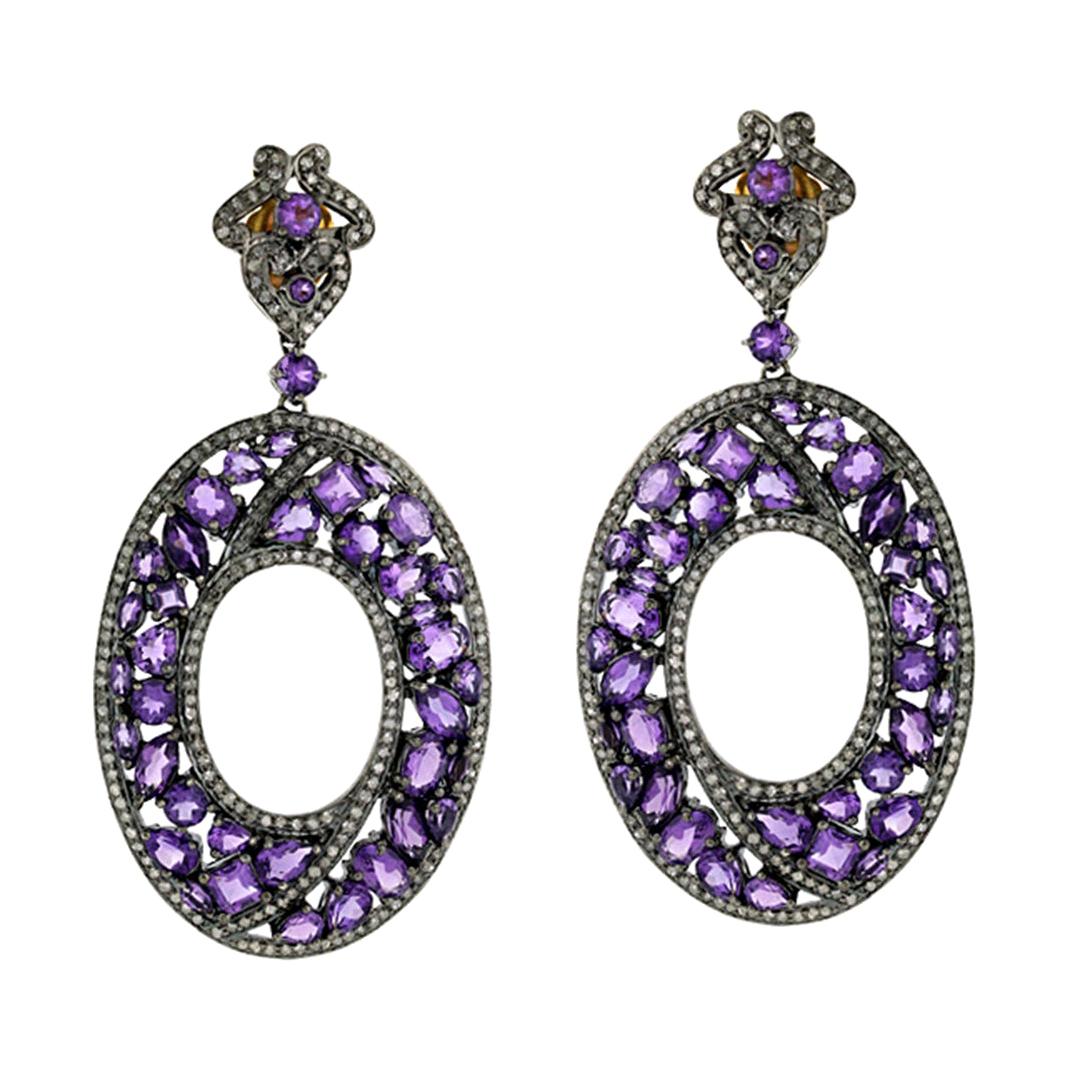 Designer Mosaic Style Amethyst and Diamond Dangle Earring in Silver and Gold