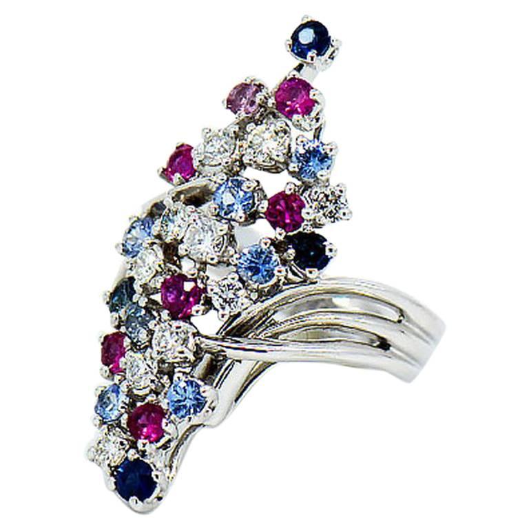 Designer Multi-Gem and Diamond Large Cluster Ring For Sale