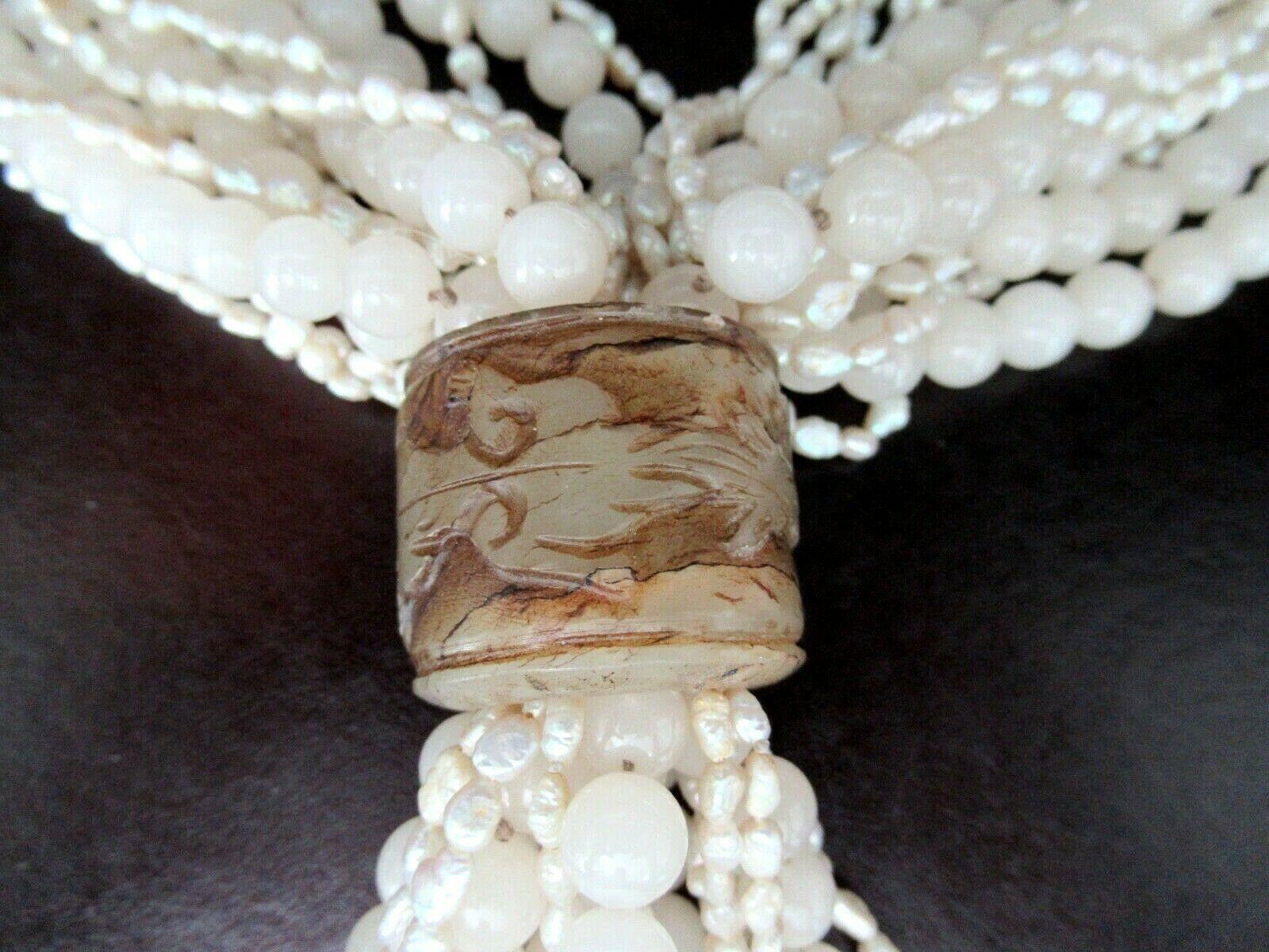Contemporary Show Stopper Multi-Strand Pearl Carved Quartz Silver Statement Vintage Necklace For Sale
