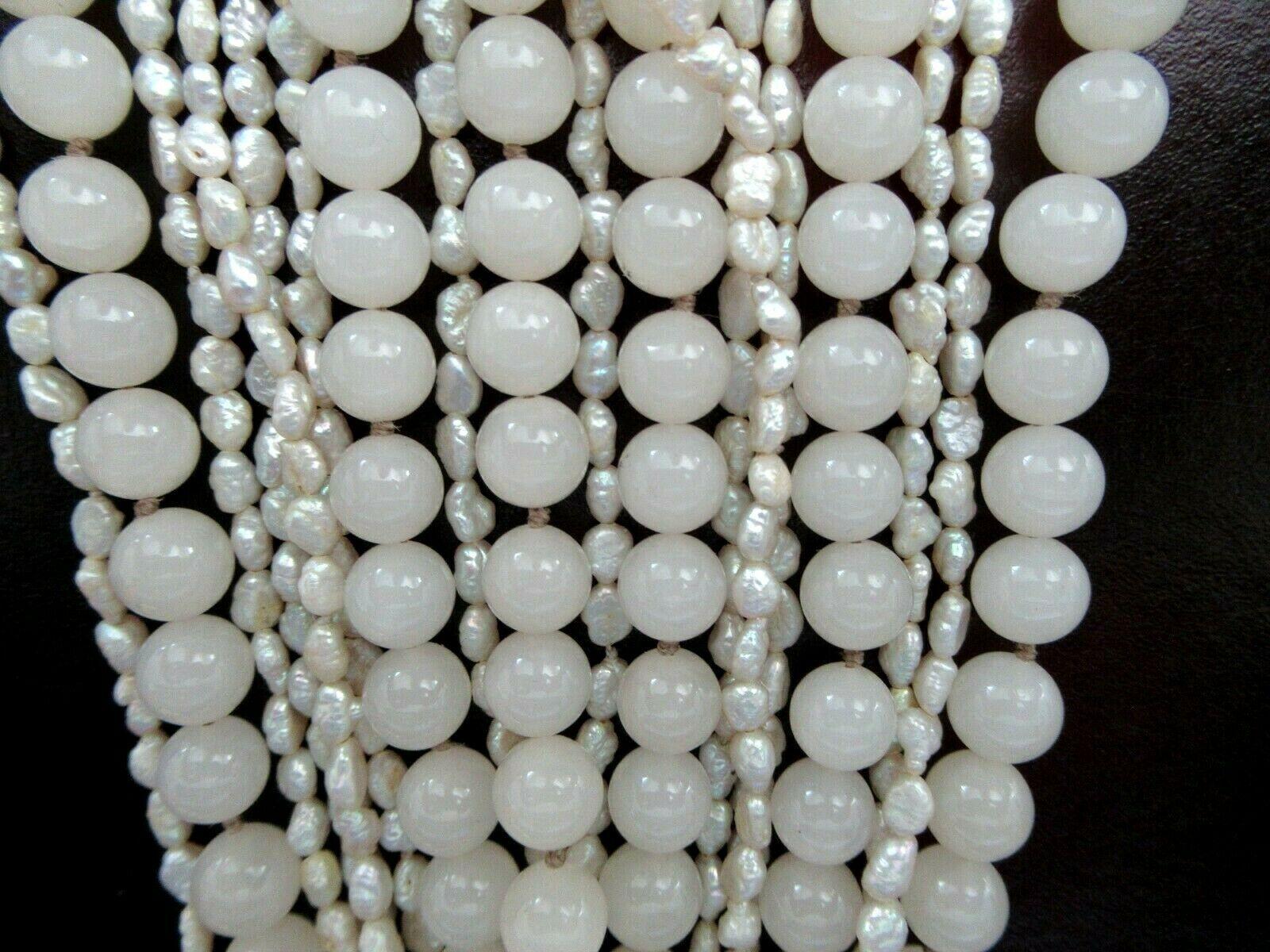 Mixed Cut Show Stopper Multi-Strand Pearl Carved Quartz Silver Statement Vintage Necklace For Sale